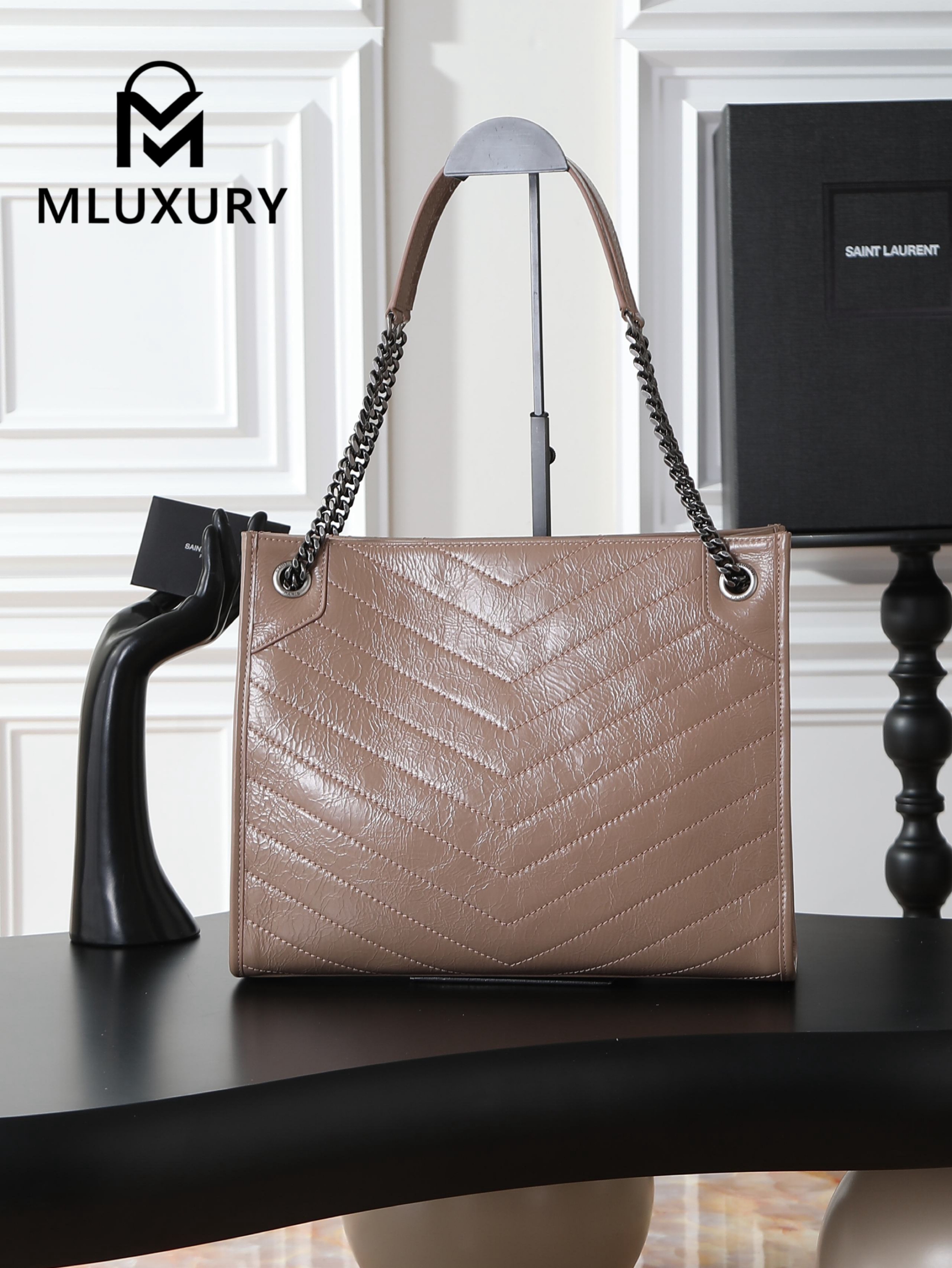 YSL Niki Shopping Bag, Apricot with Silver Hardware