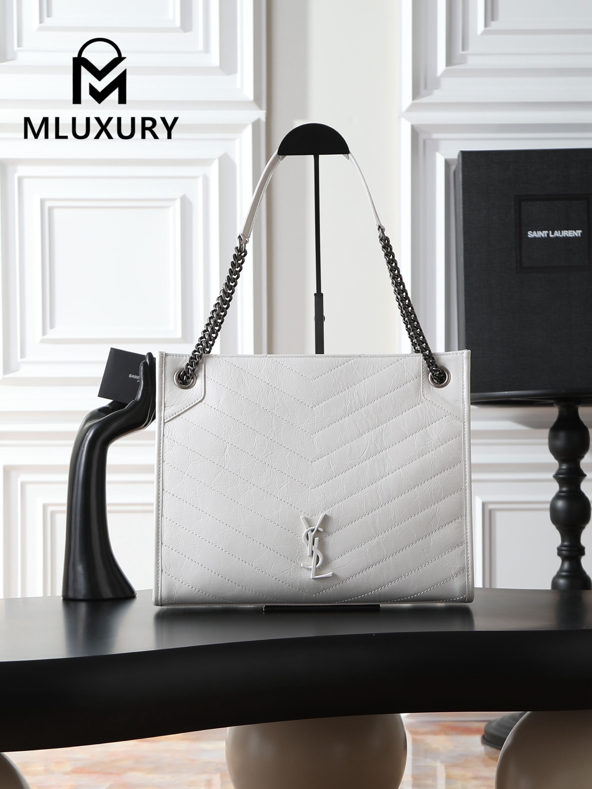 YSL Niki Shopping Bag, Creamy White with Silver Buckle