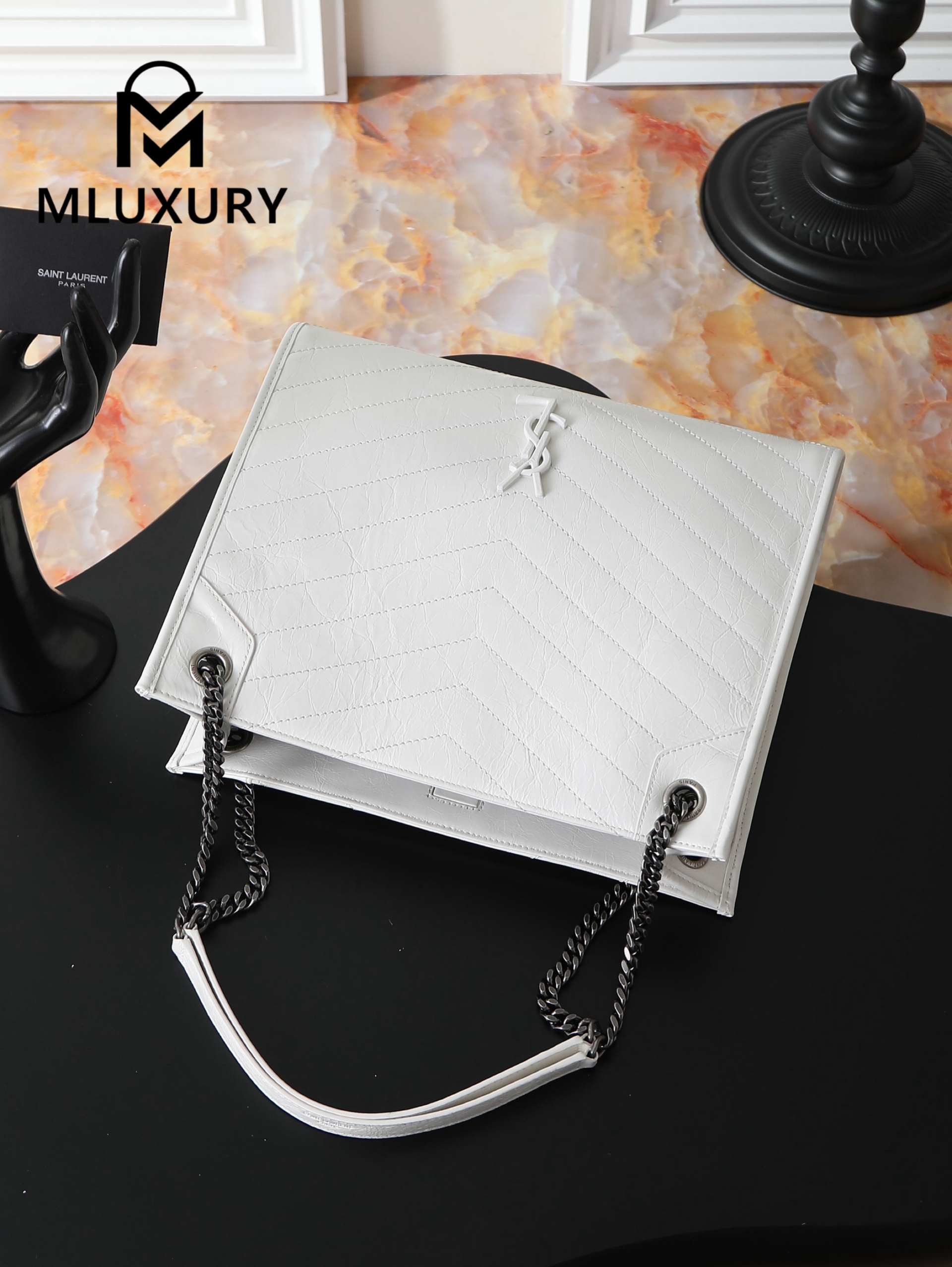 YSL Niki Shopping Bag, Creamy White with Silver Buckle