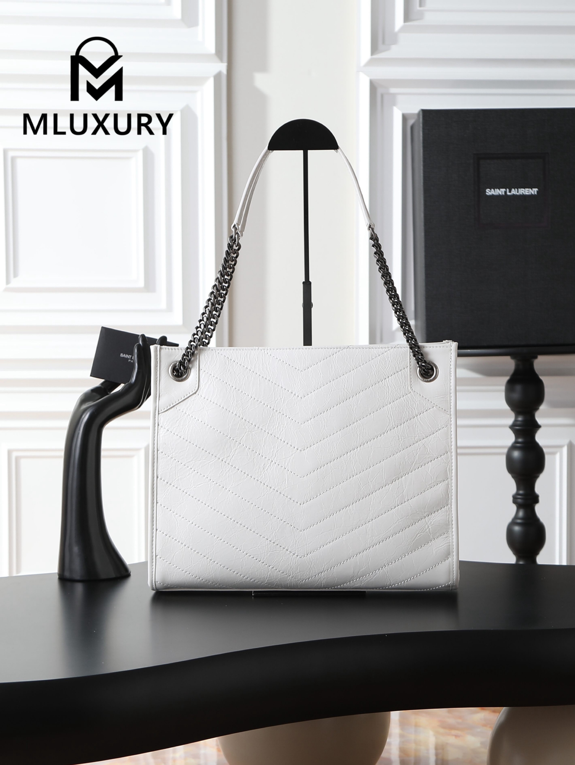 YSL Niki Shopping Bag, Creamy White with Silver Buckle