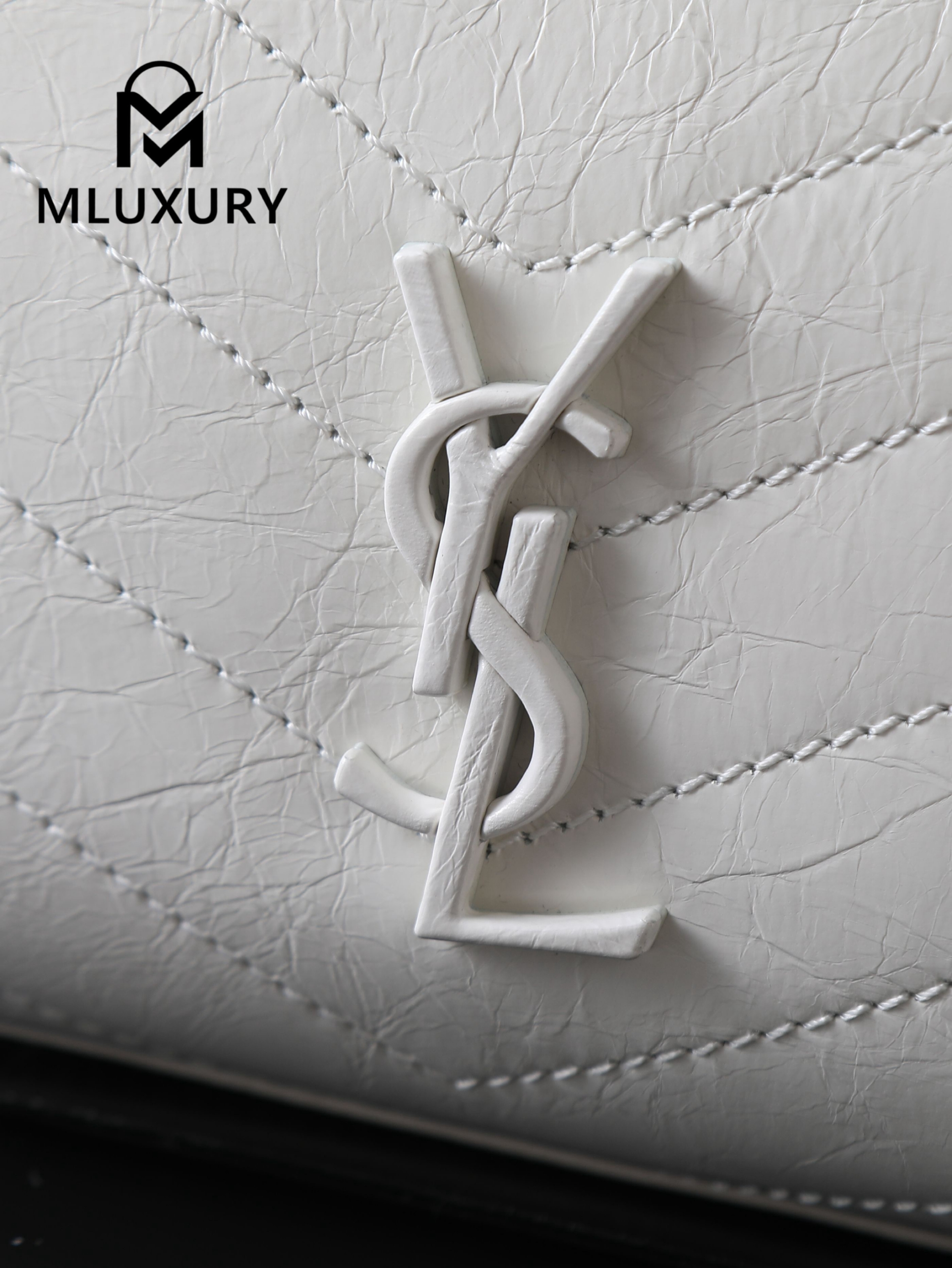 YSL Niki Shopping Bag, Creamy White with Silver Buckle