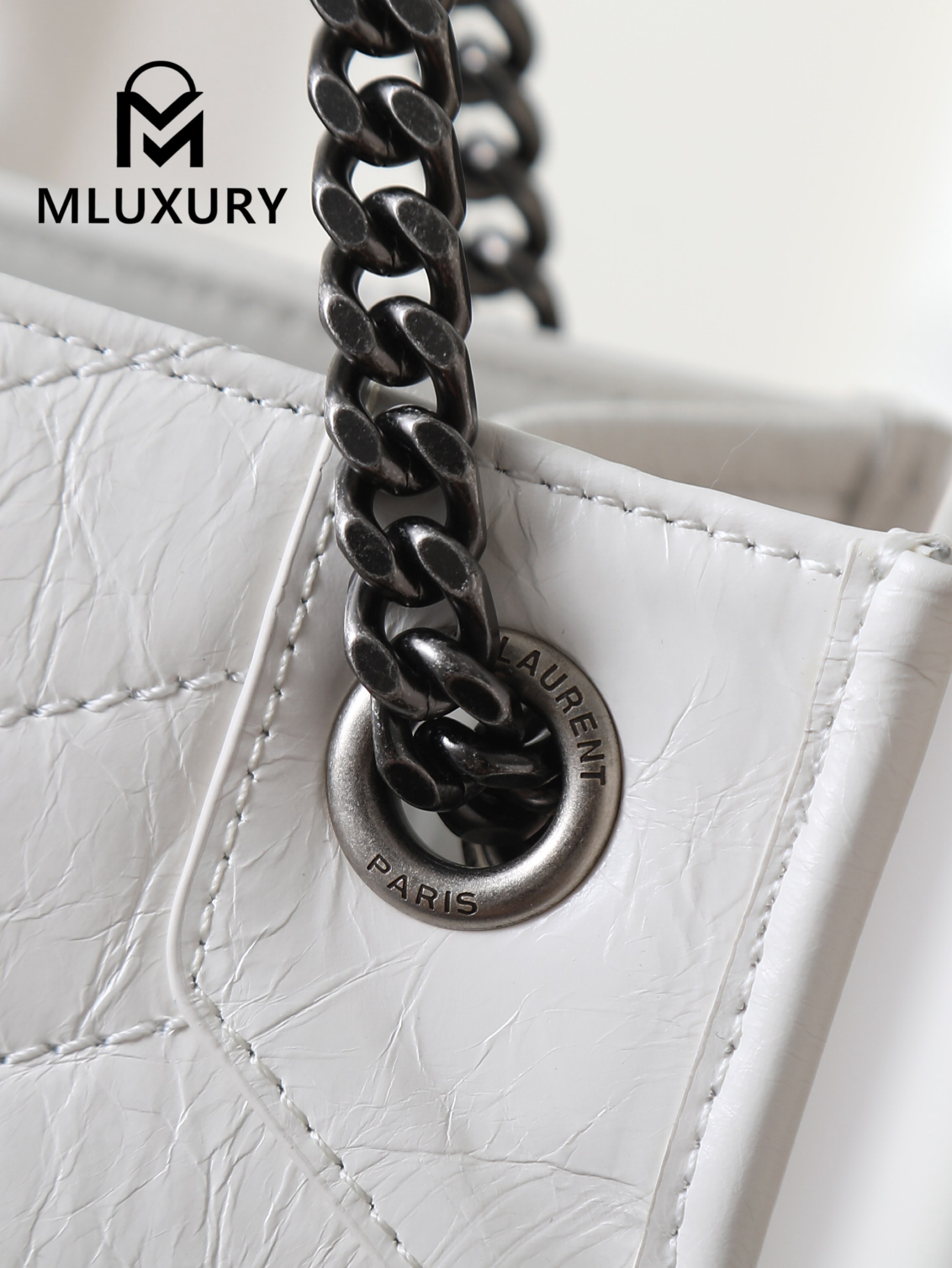YSL Niki Shopping Bag, Creamy White with Silver Buckle