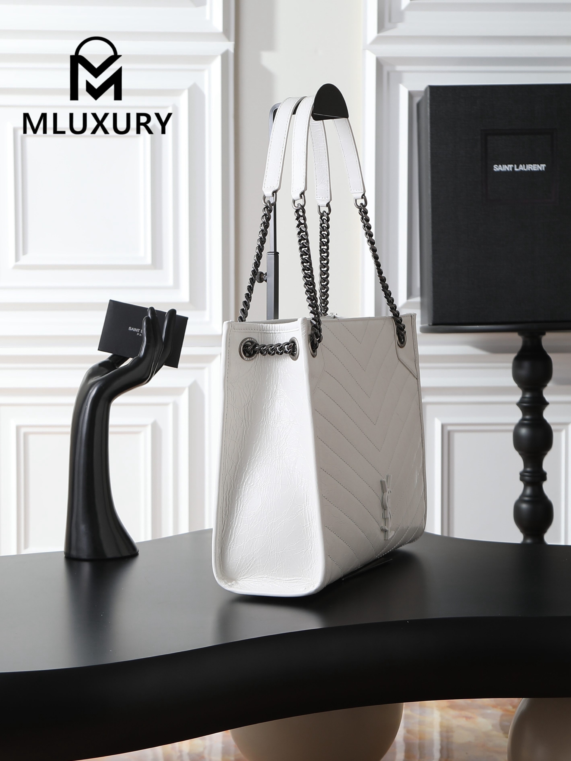 YSL Niki Shopping Bag, Creamy White with Silver Buckle