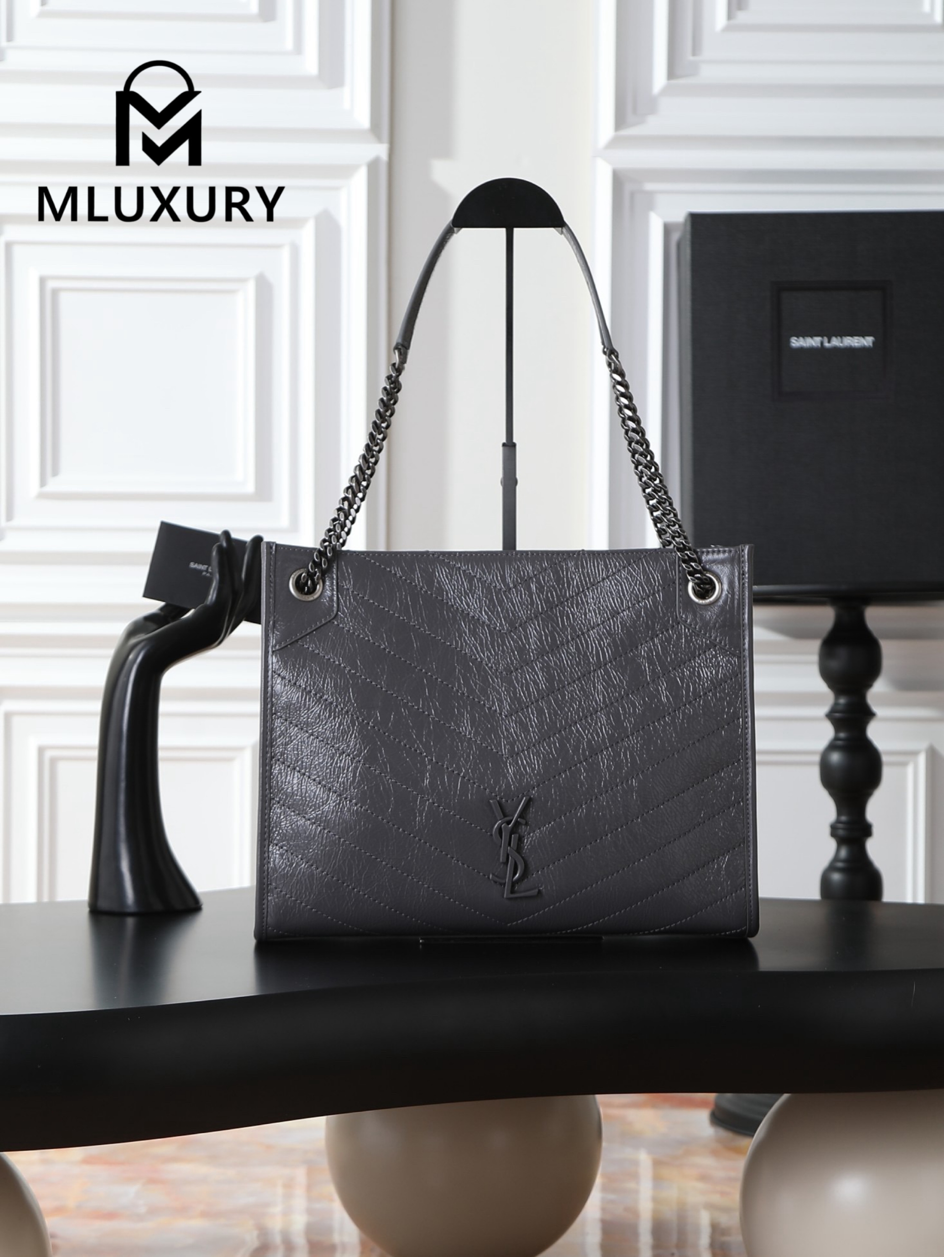 YSL Niki Shopping Bag, Grey with Silver Buckle