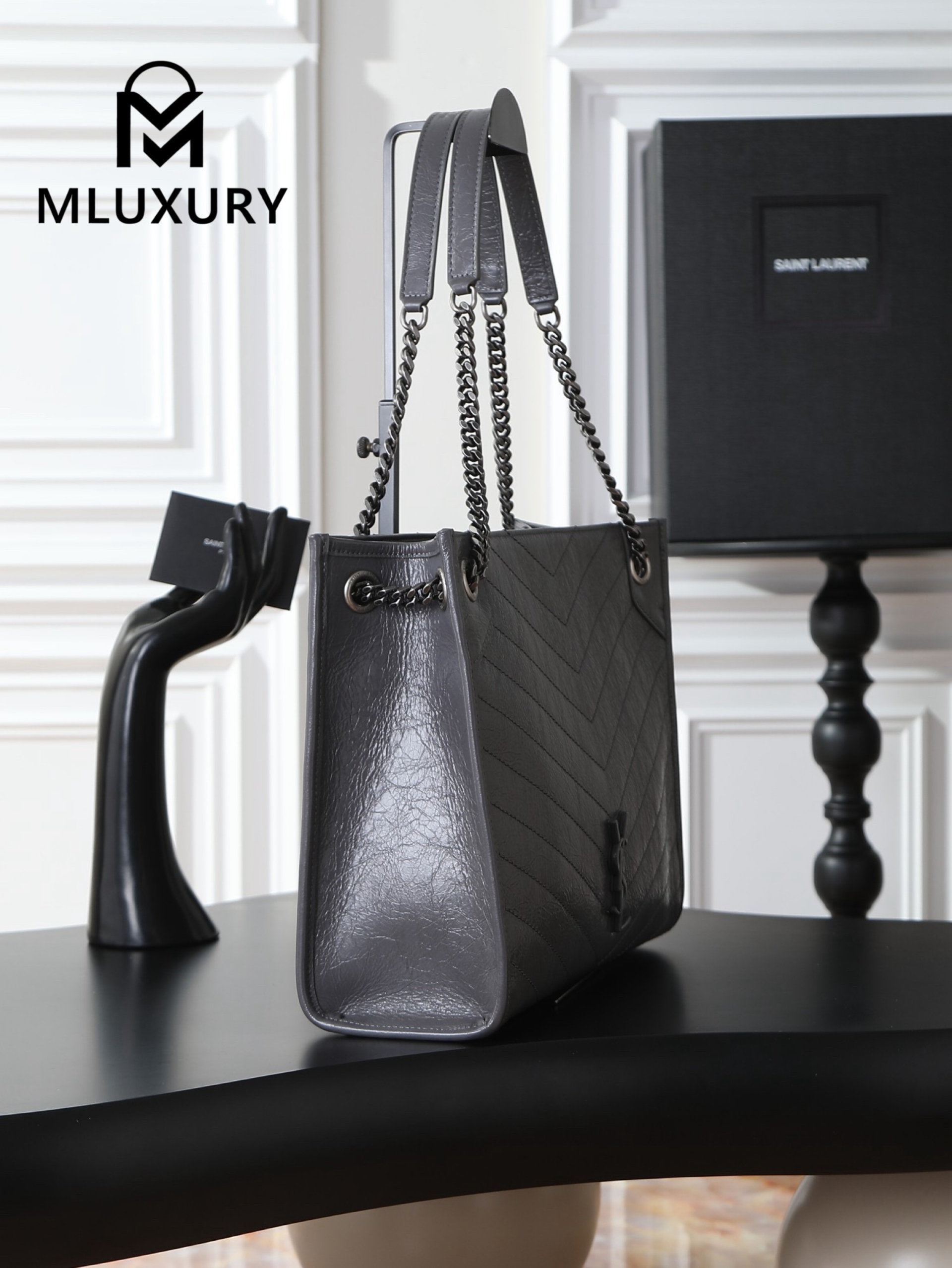 YSL Niki Shopping Bag, Grey with Silver Buckle