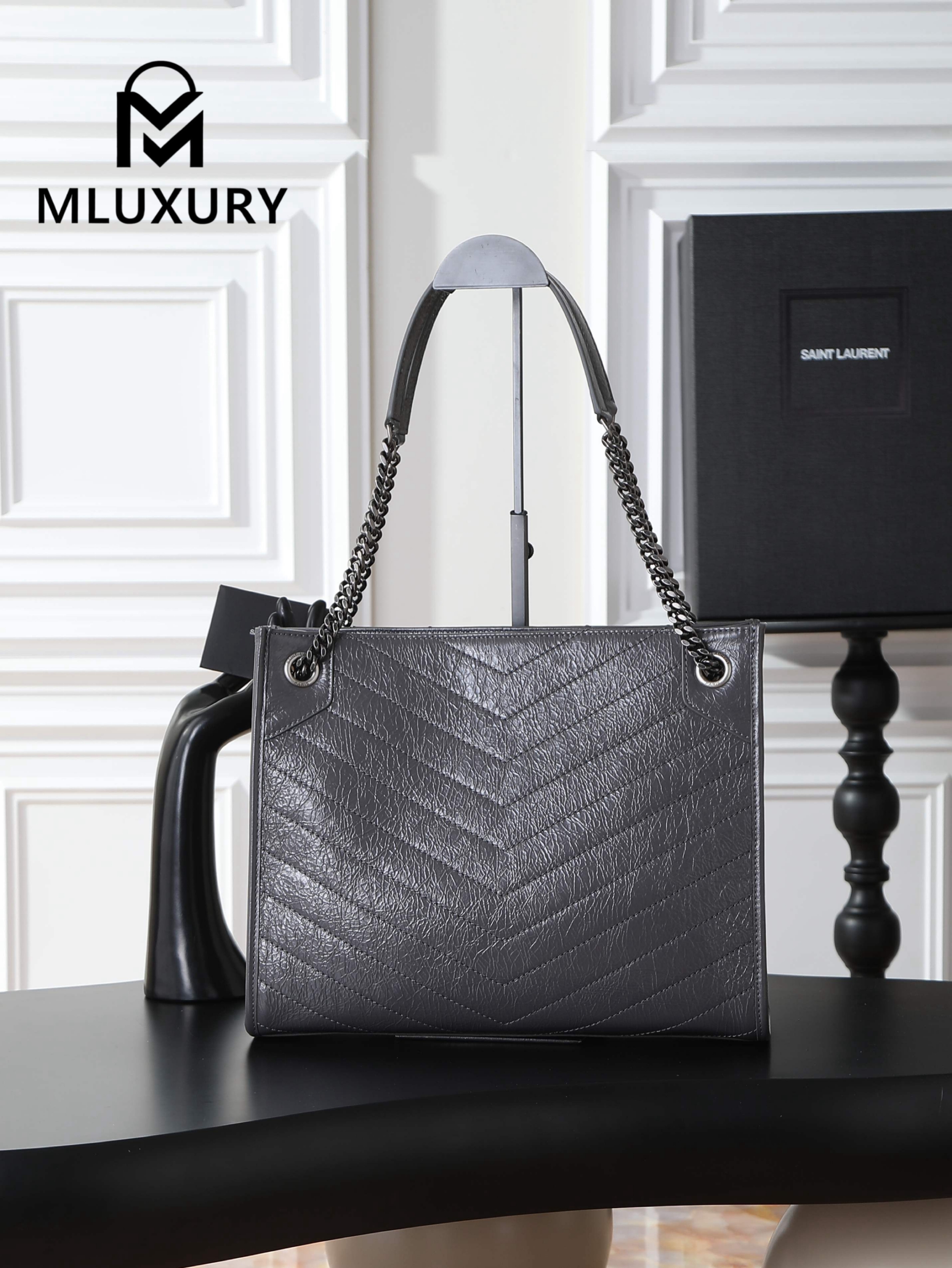 YSL Niki Shopping Bag, Grey with Silver Buckle