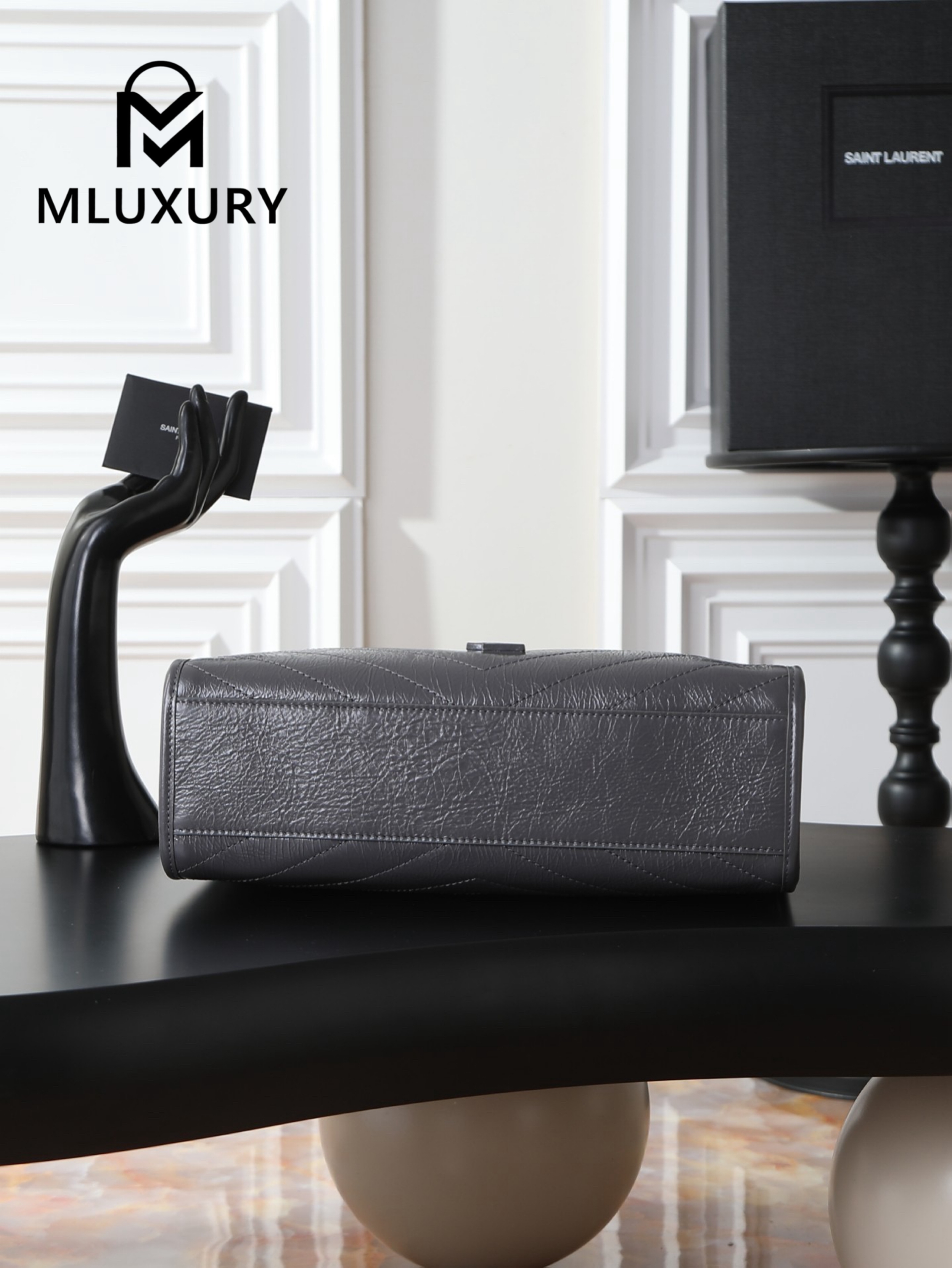 YSL Niki Shopping Bag, Grey with Silver Buckle