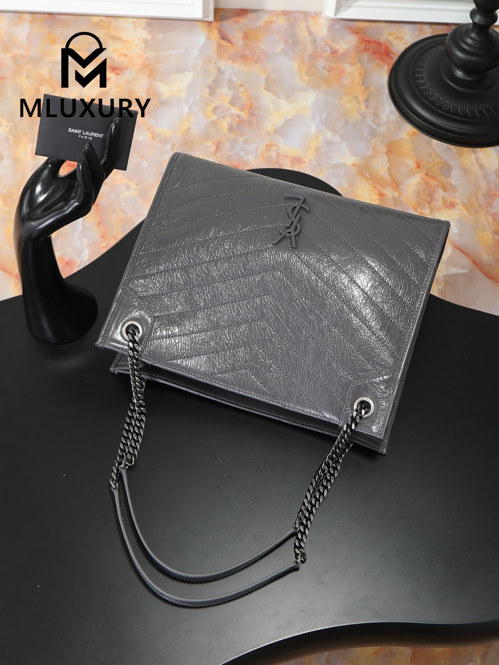 YSL Niki Shopping Bag, Grey with Silver Buckle