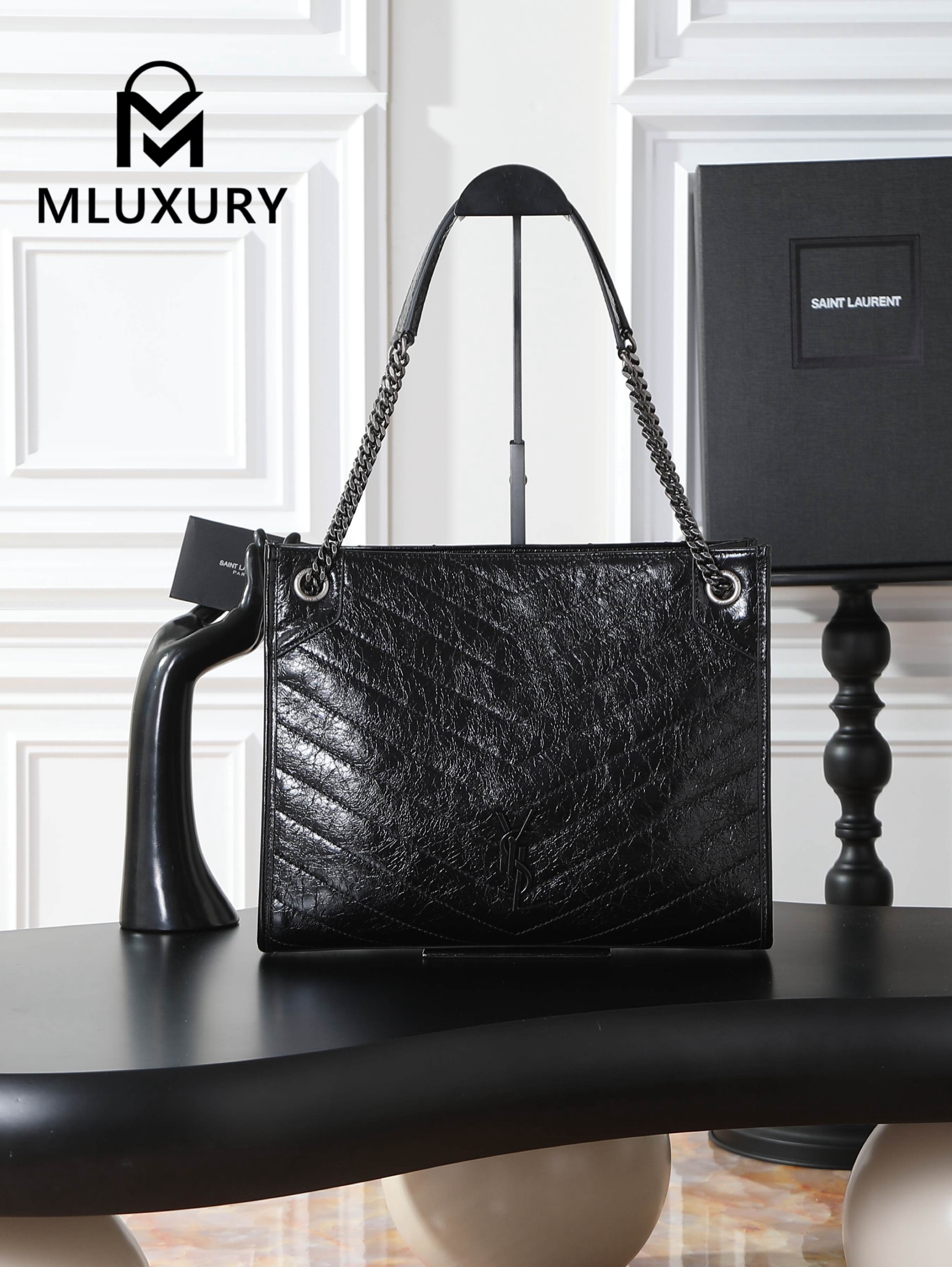 YSL Niki Shopping Bag, Black with Silver Buckle