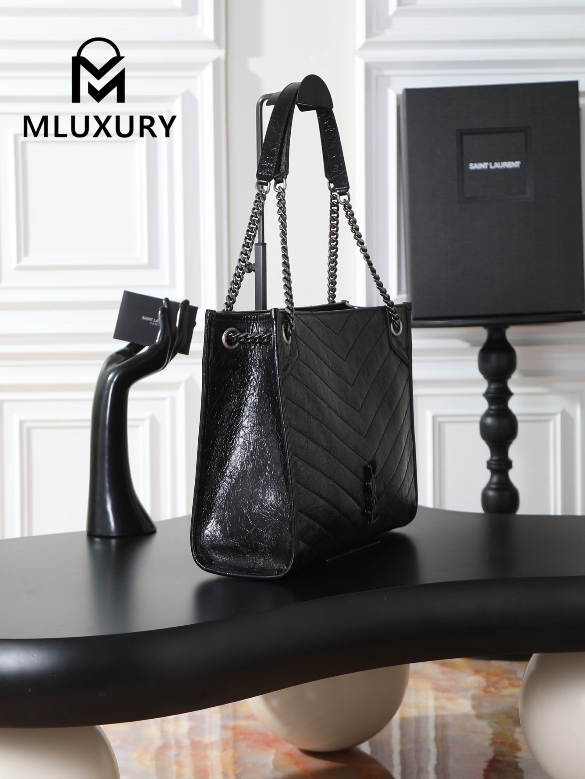 YSL Niki Shopping Bag, Black with Silver Buckle