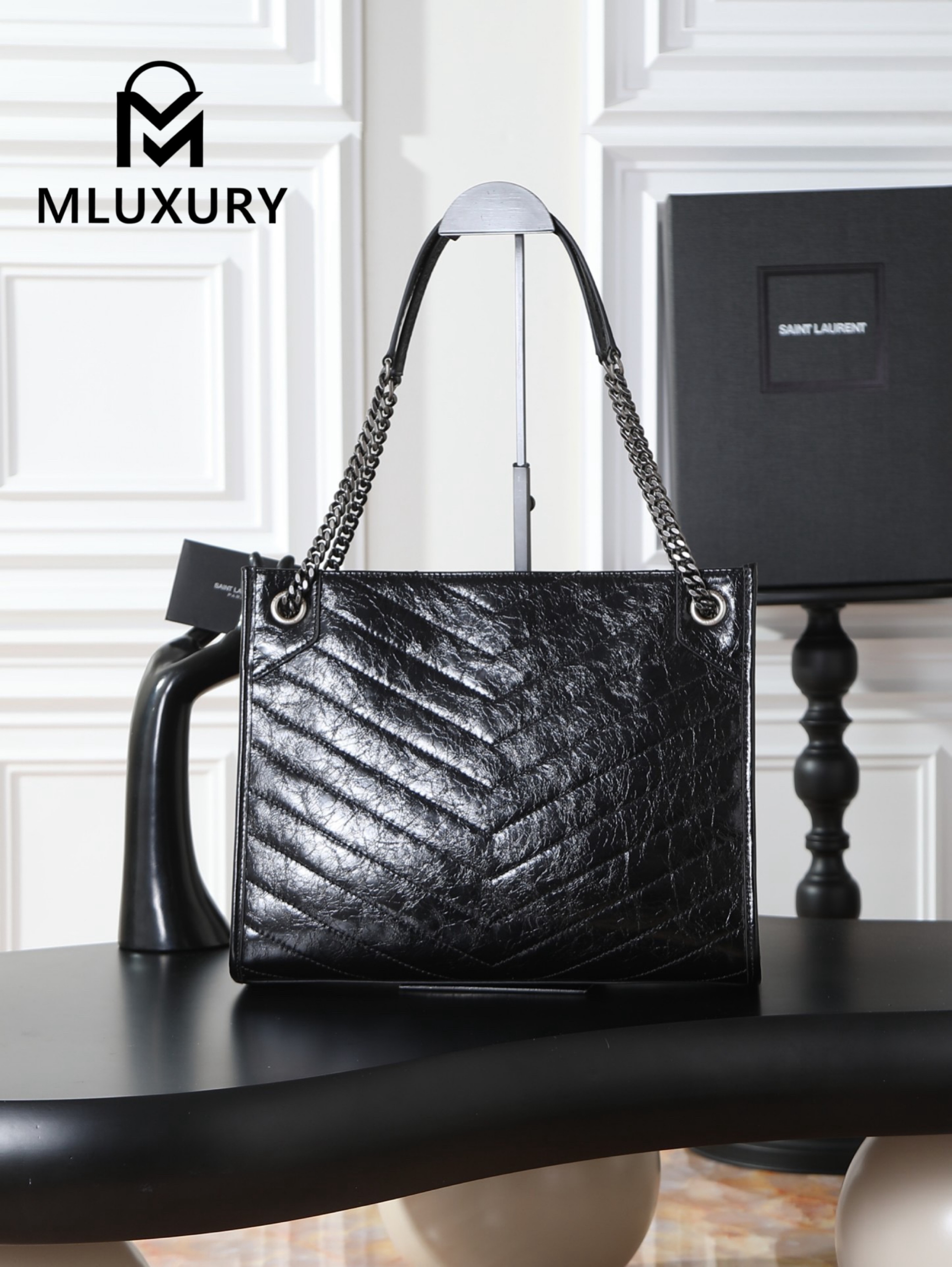 YSL Niki Shopping Bag, Black with Silver Buckle