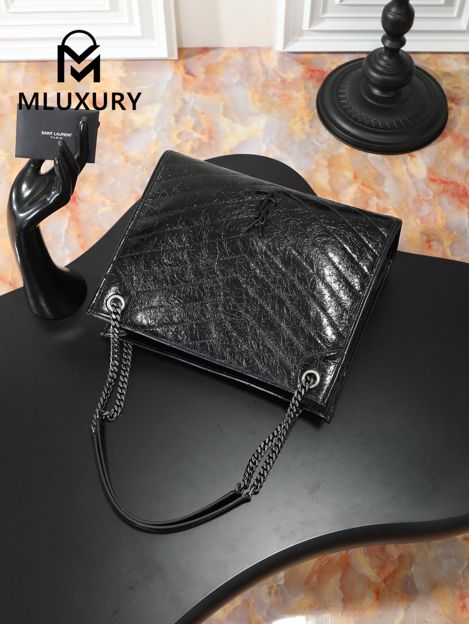 YSL Niki Shopping Bag, Black with Silver Buckle