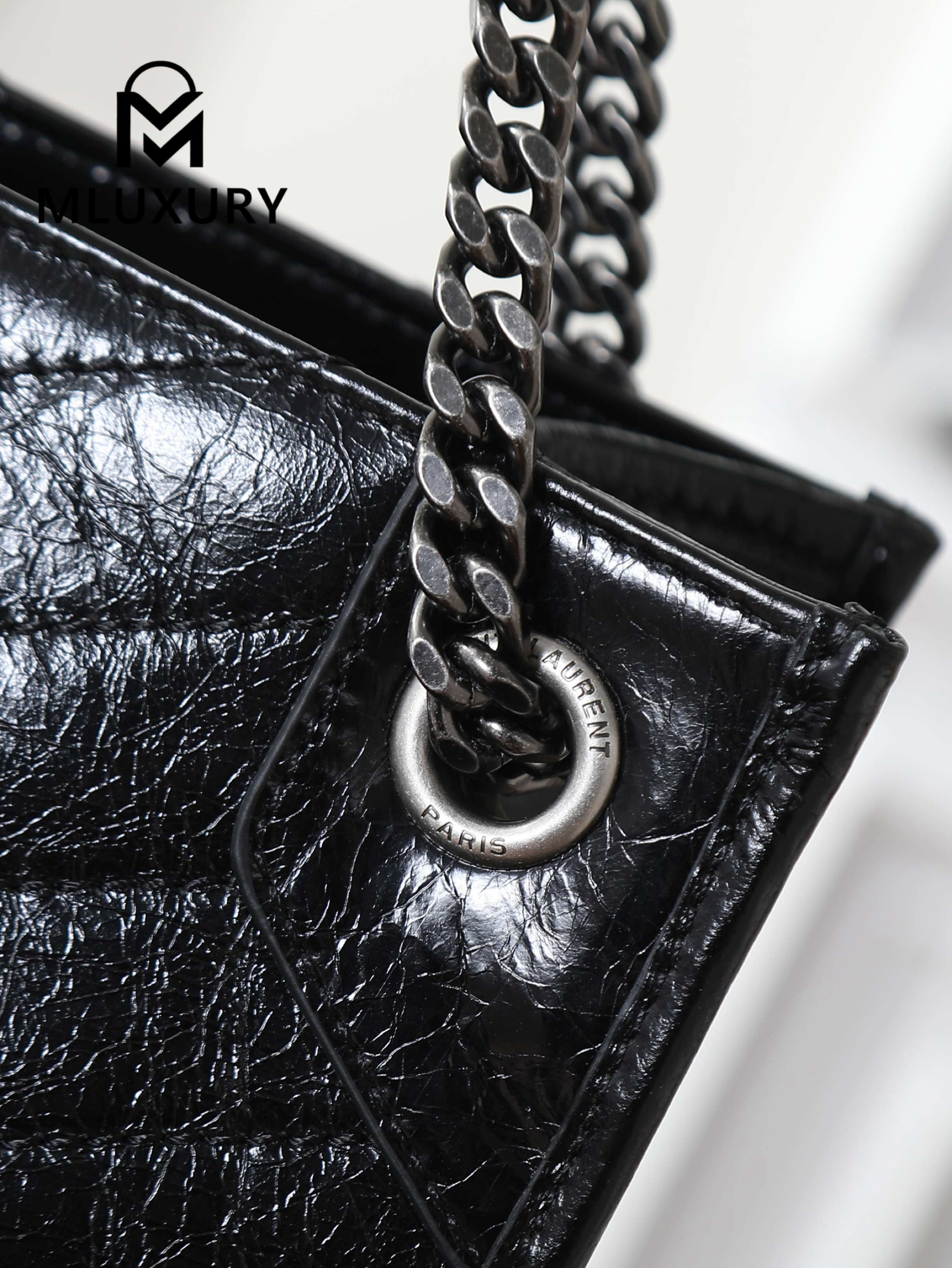 YSL Niki Shopping Bag, Black with Silver Buckle