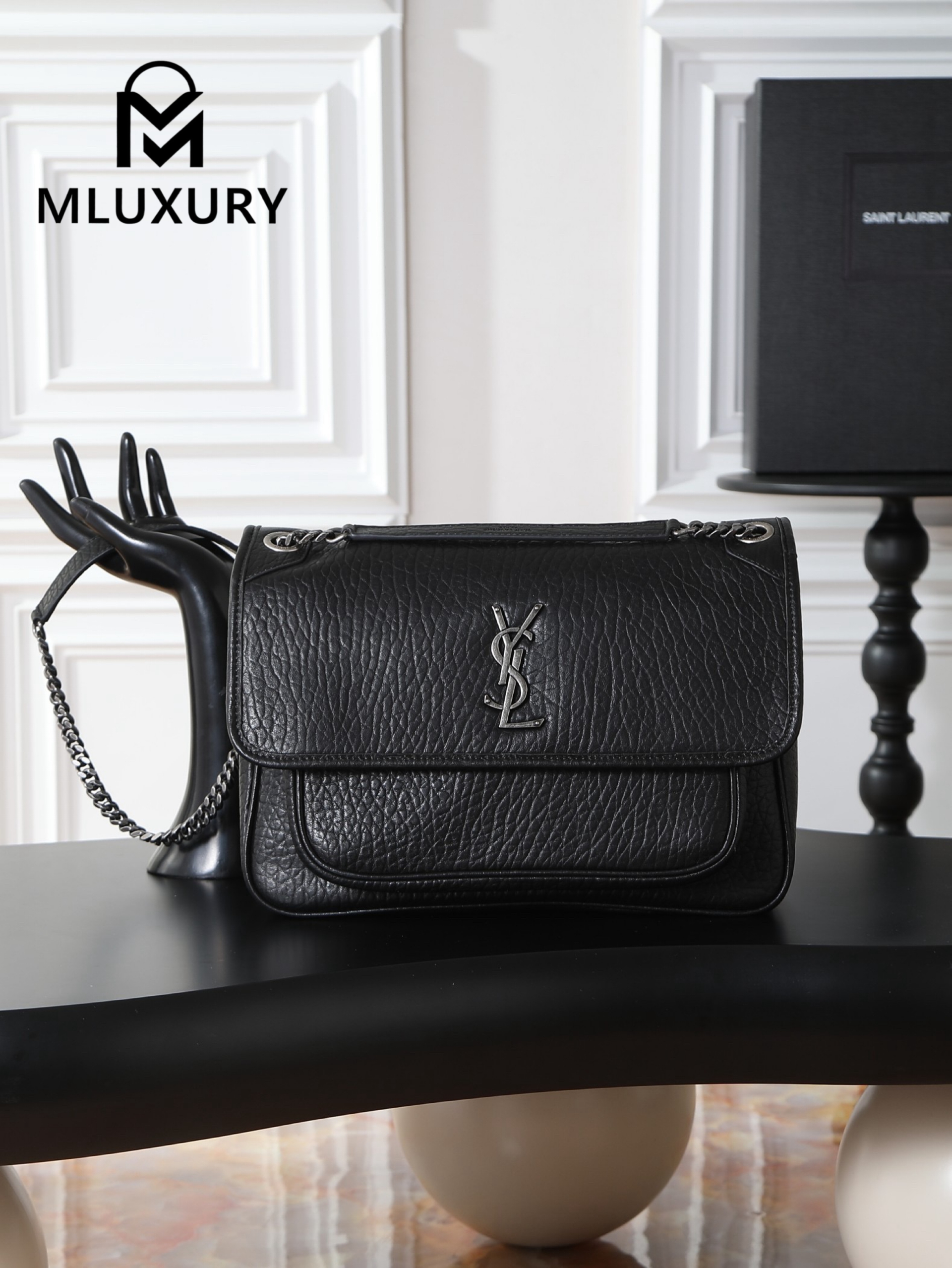 YSL Black Elephant Print with Silver Buckle, 32cm