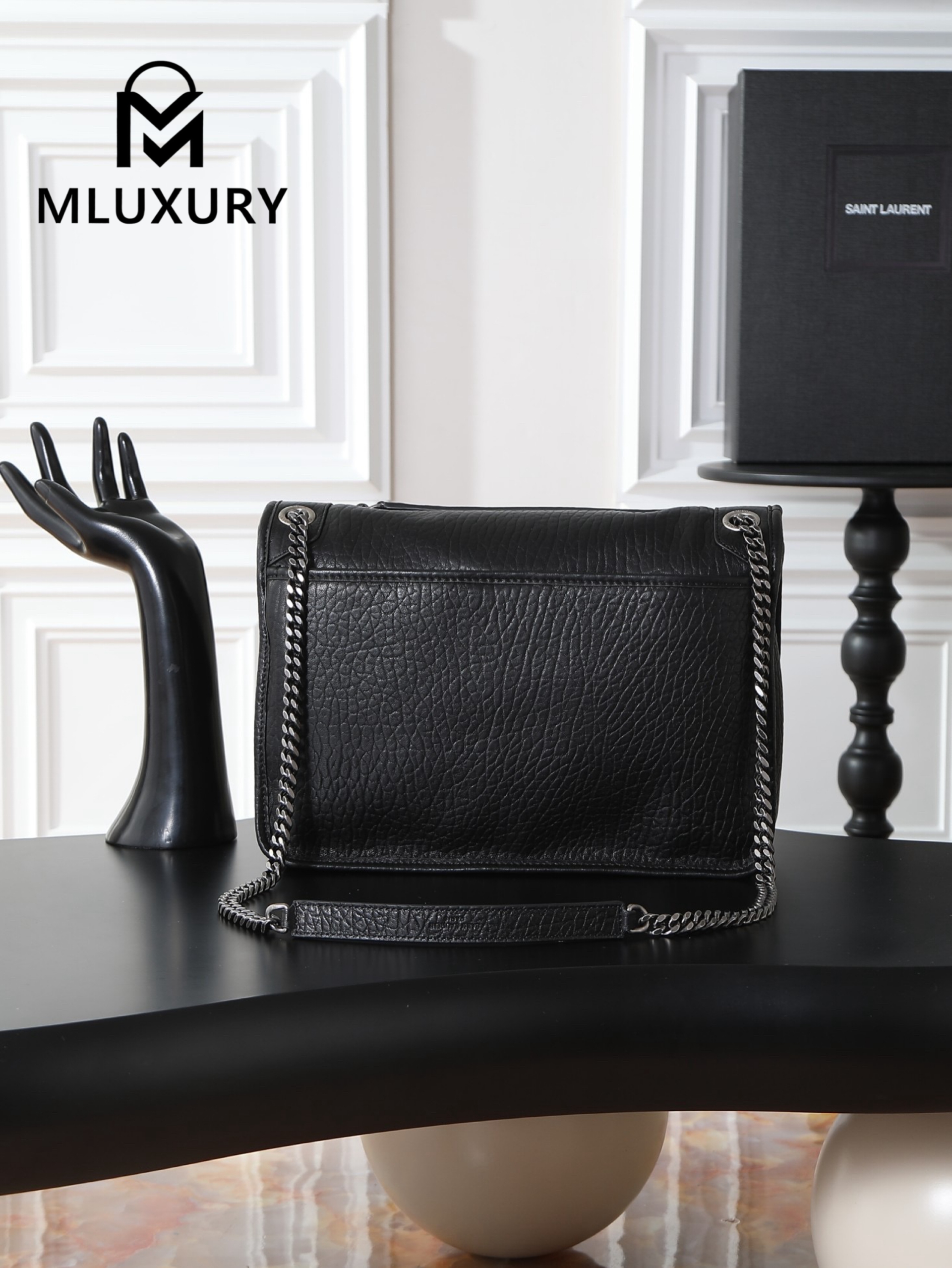 YSL Black Elephant Print with Silver Buckle, 32cm