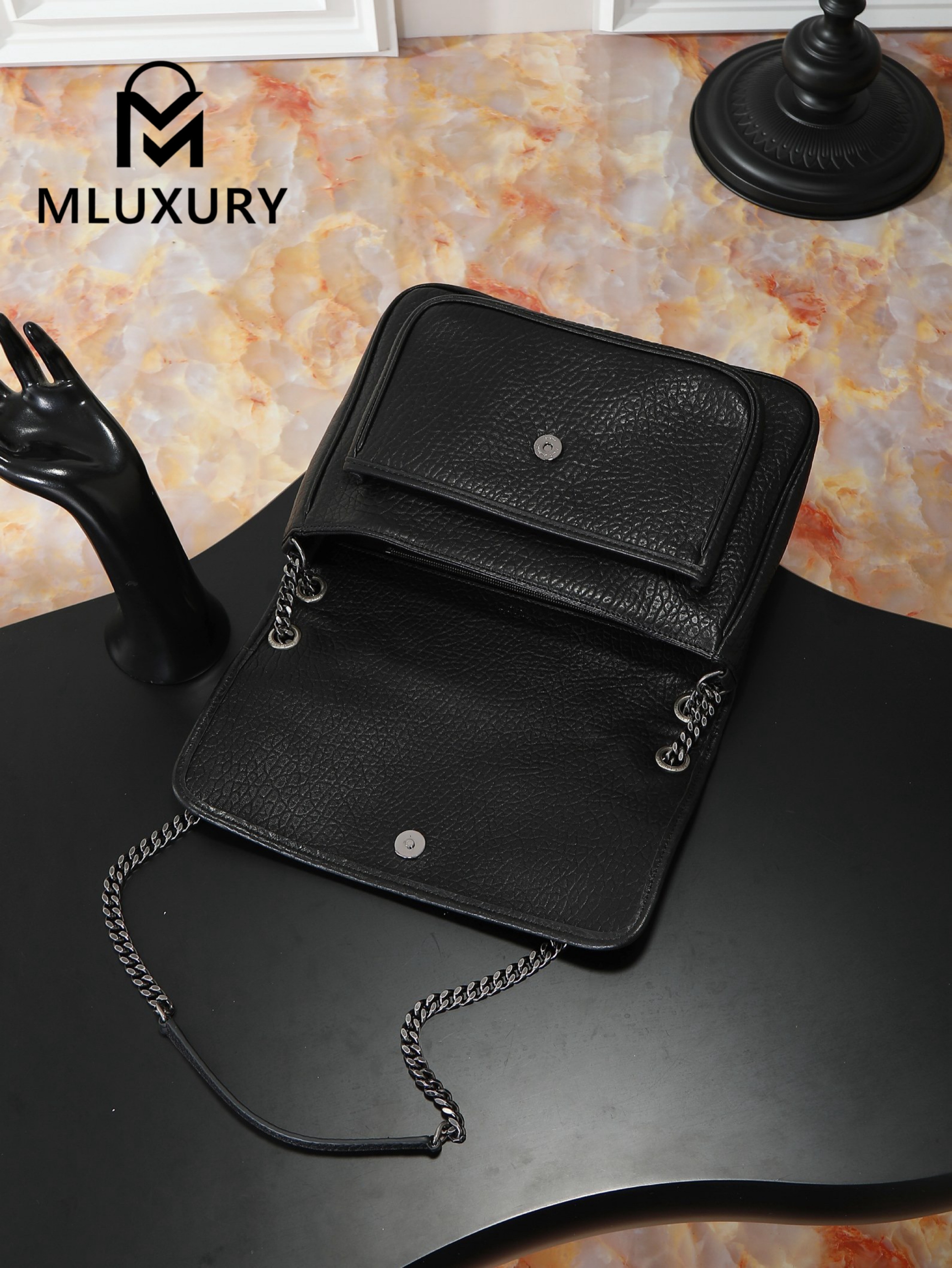 YSL Black Elephant Print with Silver Buckle, 32cm