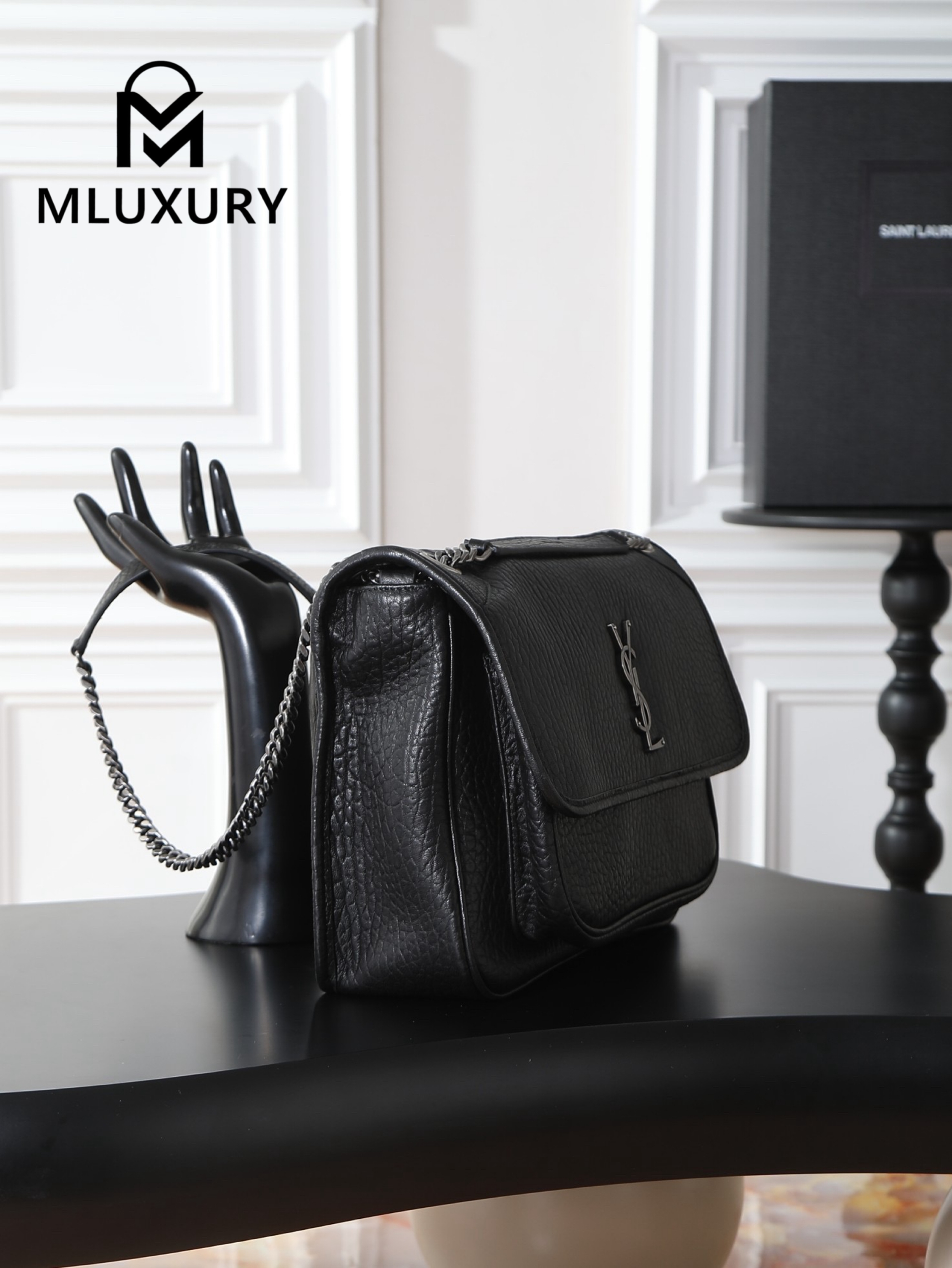 YSL Black Elephant Print with Silver Buckle, 32cm