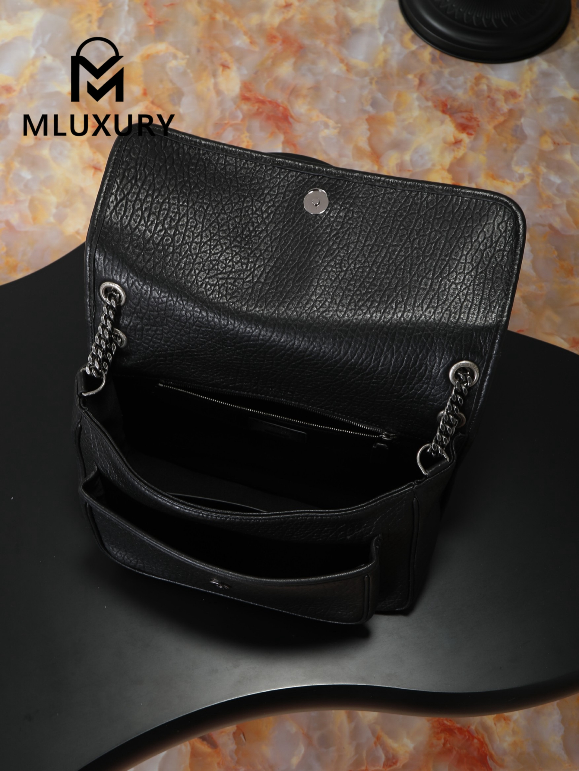 YSL Black Elephant Print with Silver Buckle, 32cm