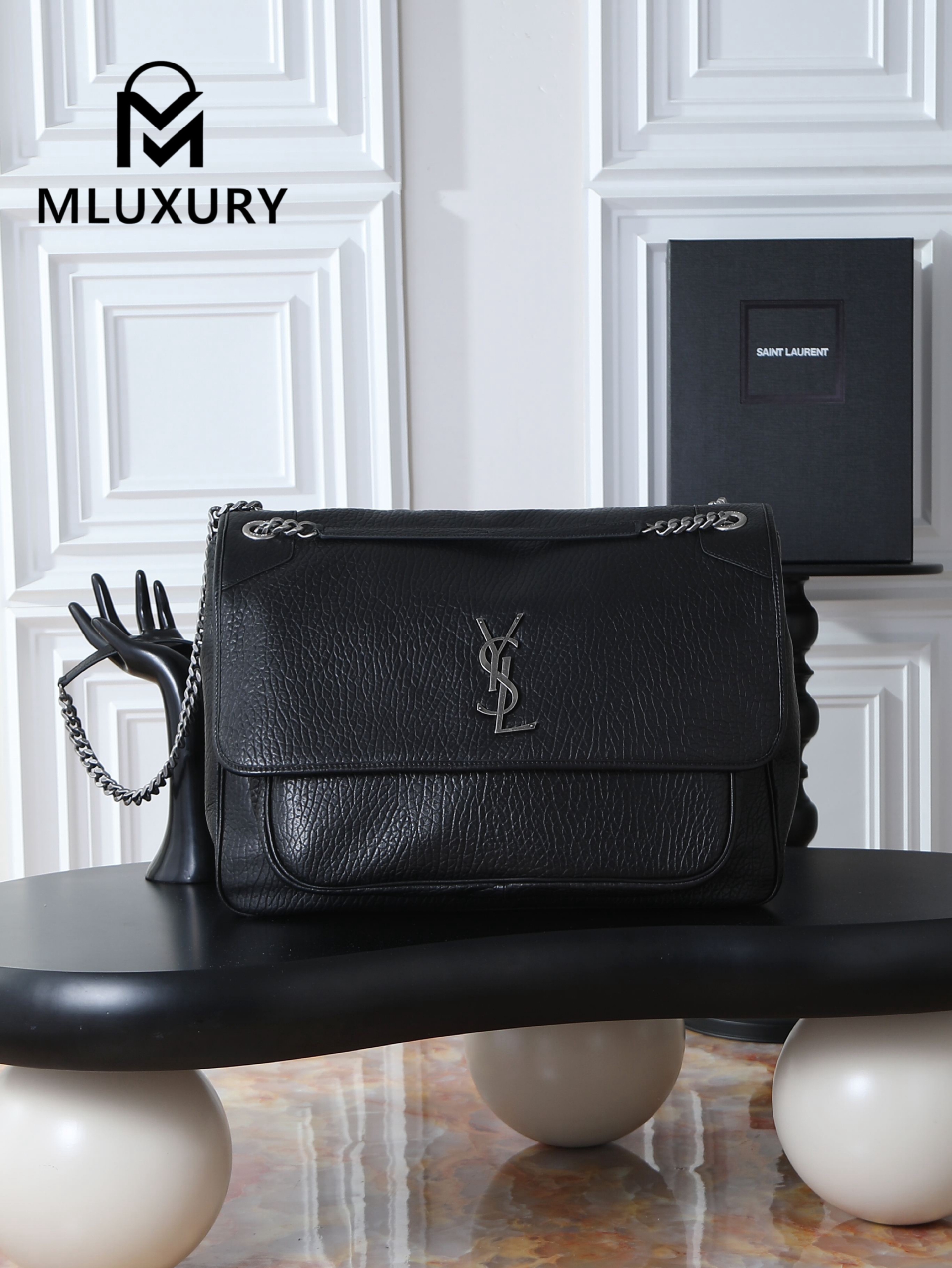 YSL Black Elephant Pattern with Silver Buckle · 47cm