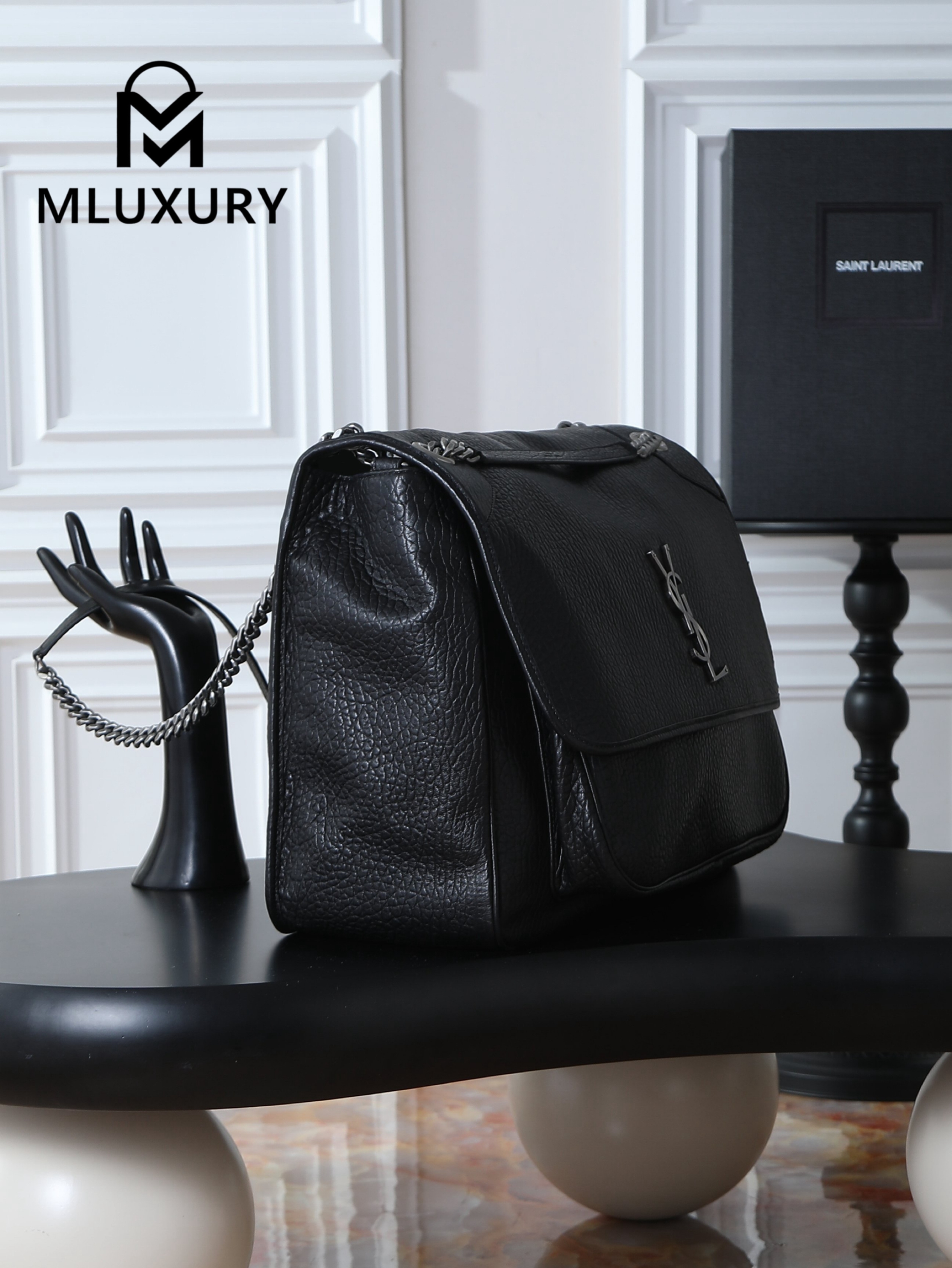YSL Black Elephant Pattern with Silver Buckle · 47cm