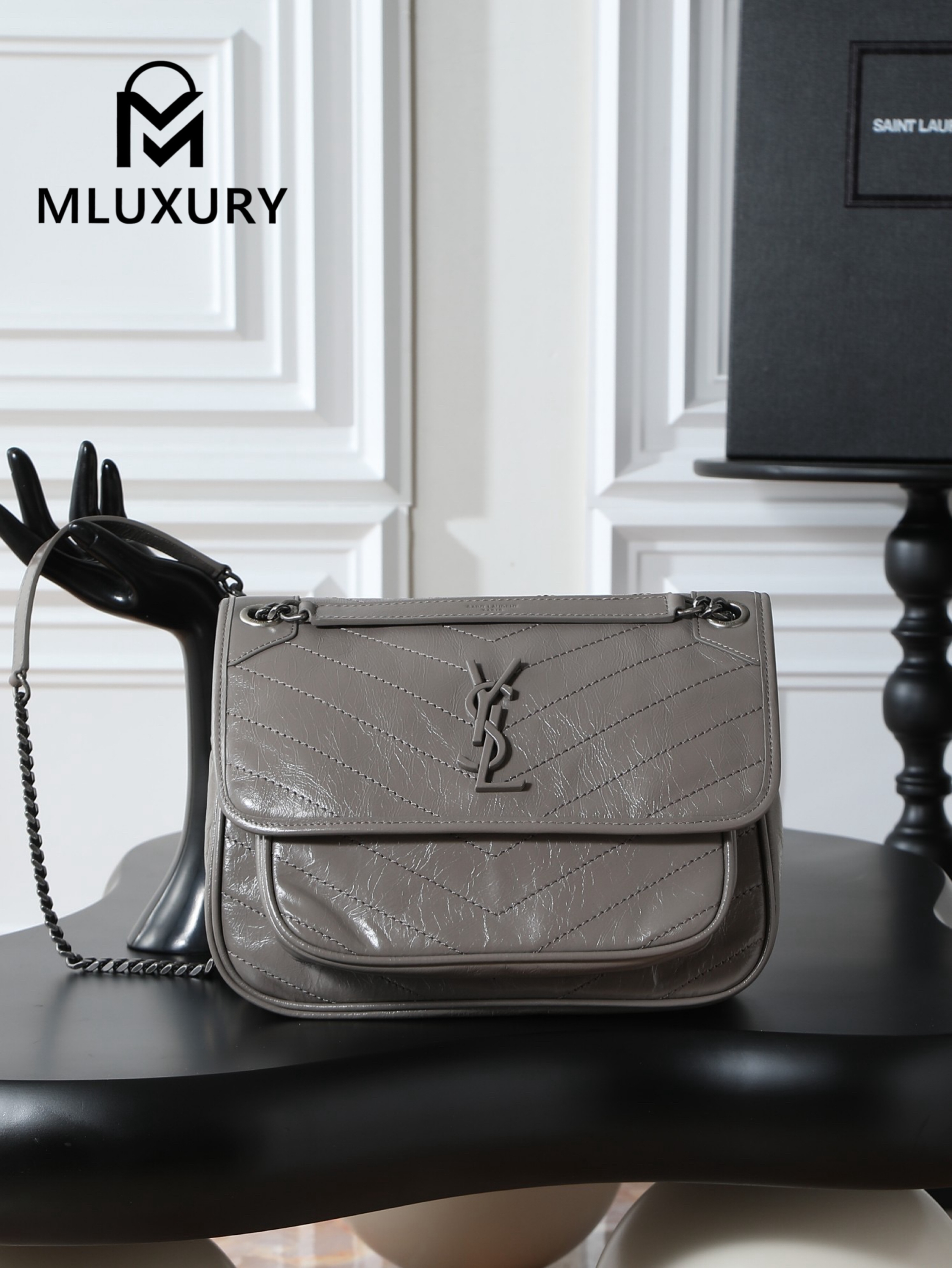 YSL Niki Dark Grey Oil-Wax Leather · 22cm