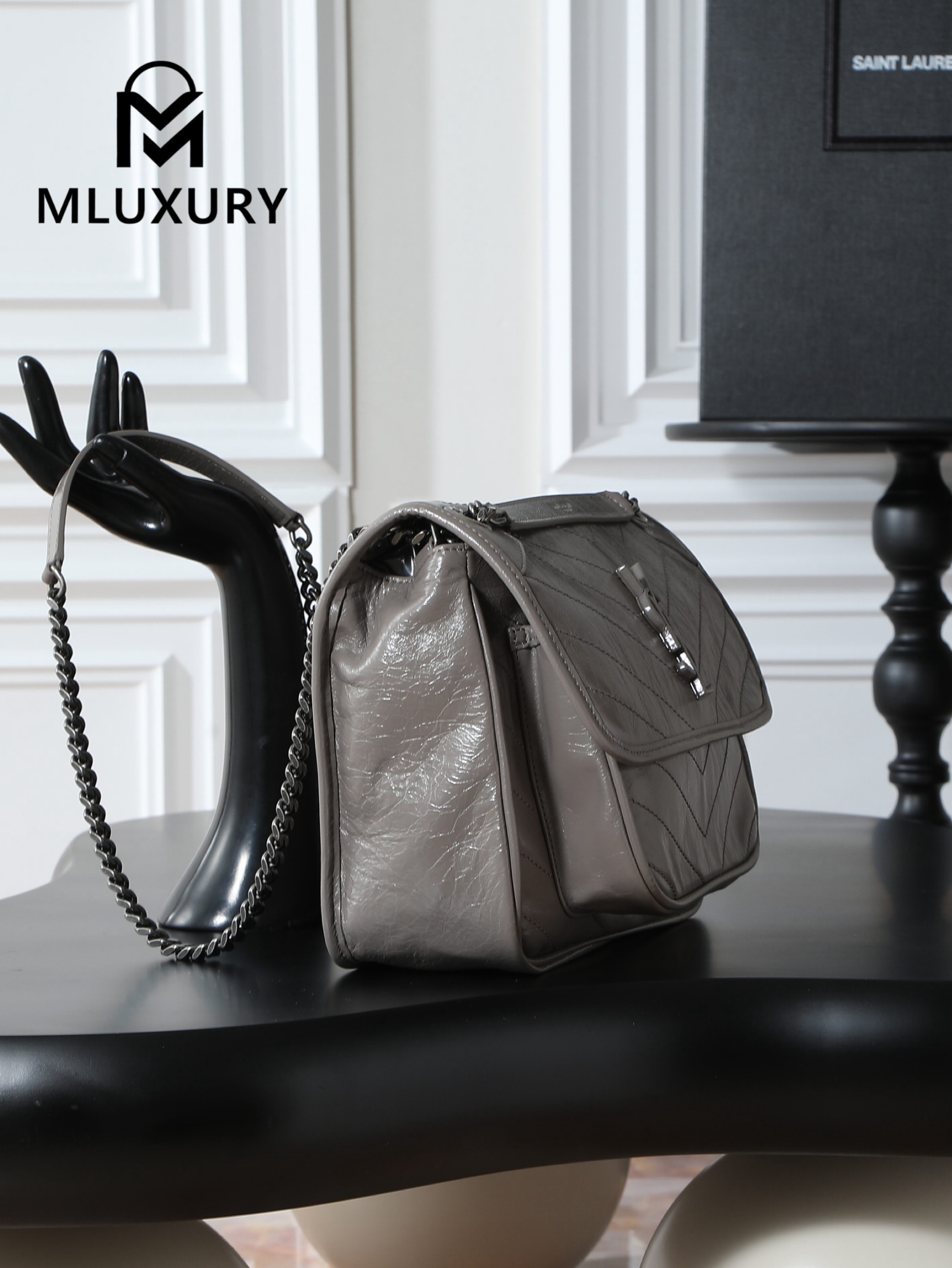 YSL Niki Dark Grey Oil-Wax Leather · 22cm