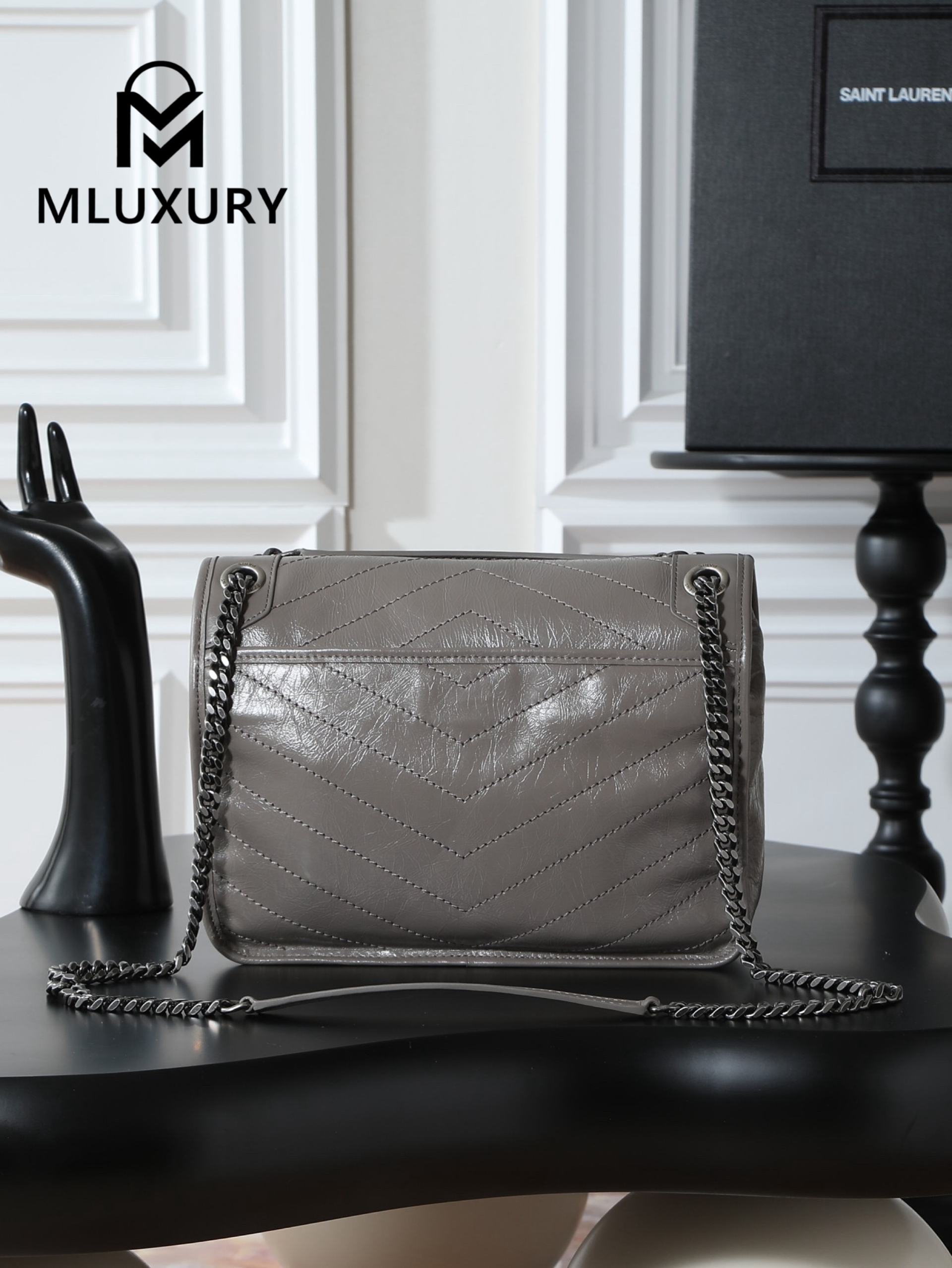 YSL Niki Dark Grey Oil-Wax Leather · 22cm