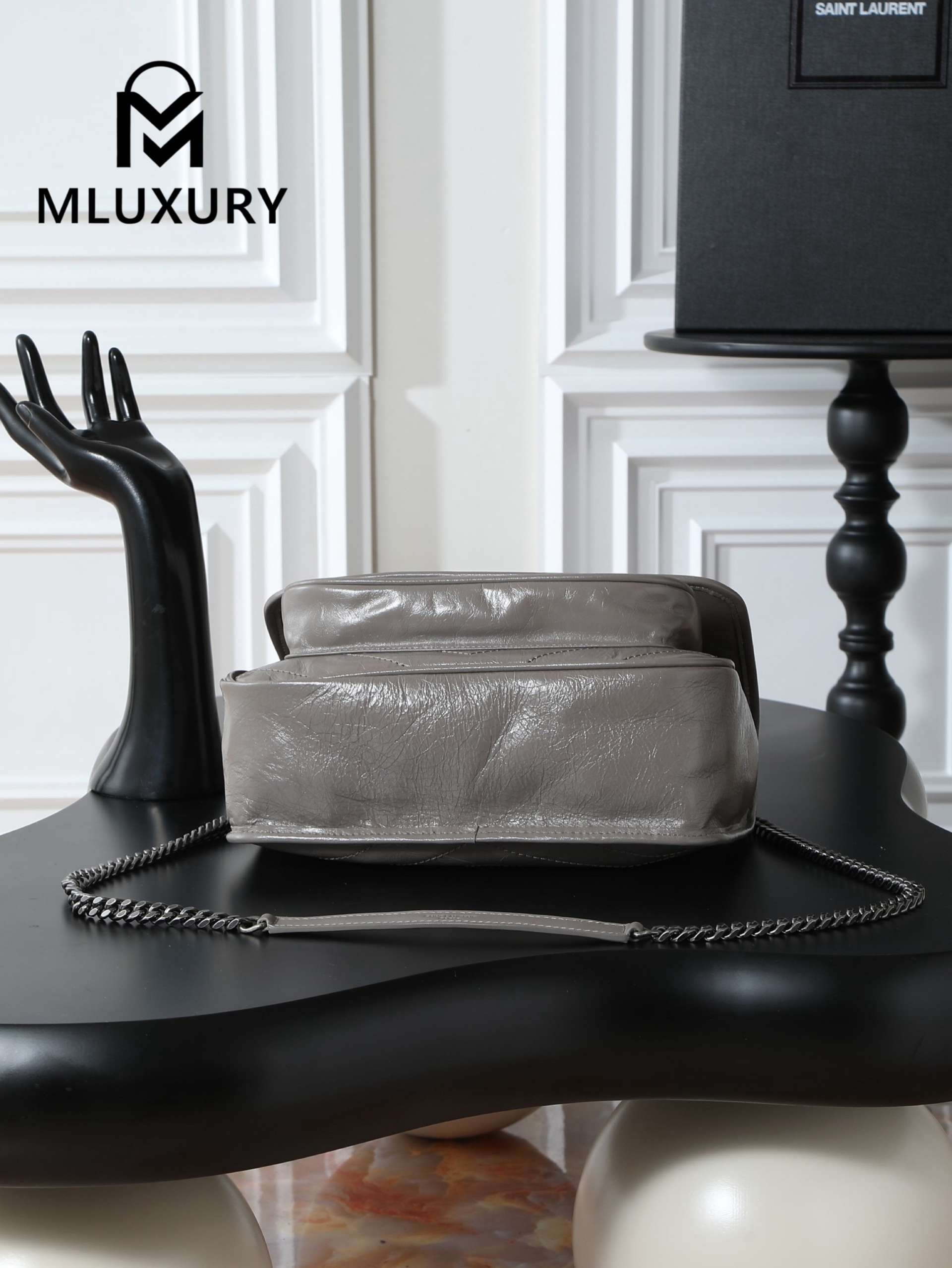 YSL Niki Dark Grey Oil-Wax Leather · 22cm