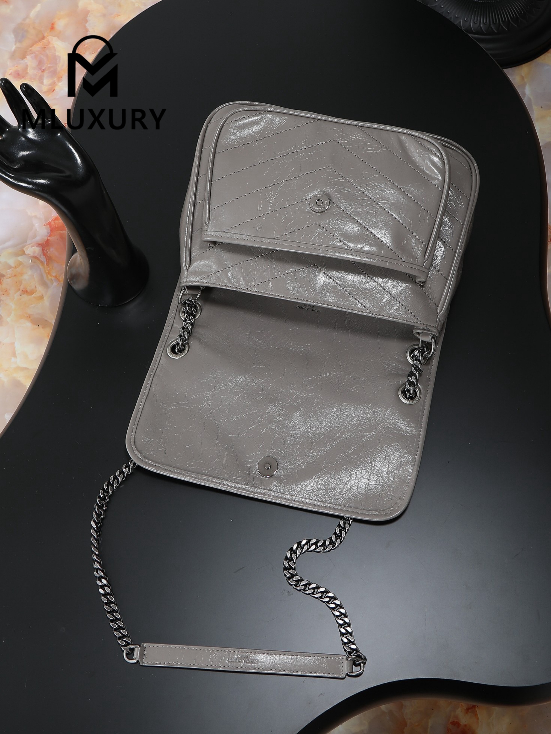 YSL Niki Dark Grey Oil-Wax Leather · 22cm