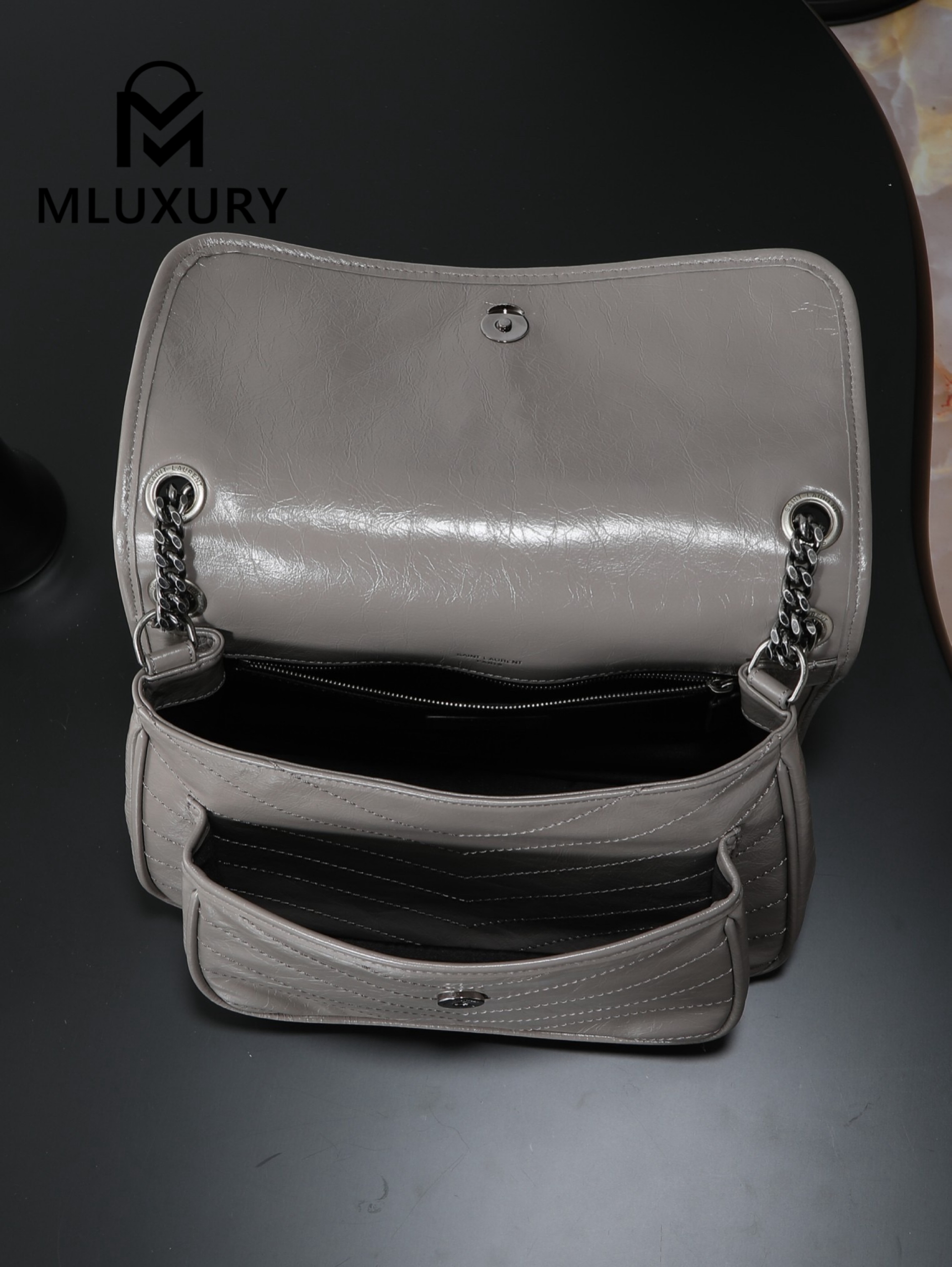YSL Niki Dark Grey Oil-Wax Leather · 22cm