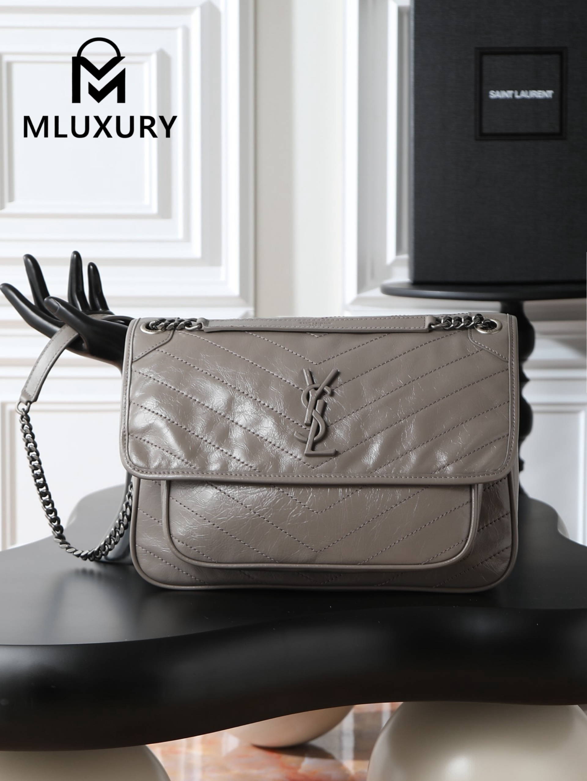 YSL Niki Dark Grey Oil-Waxed Leather · 28cm
