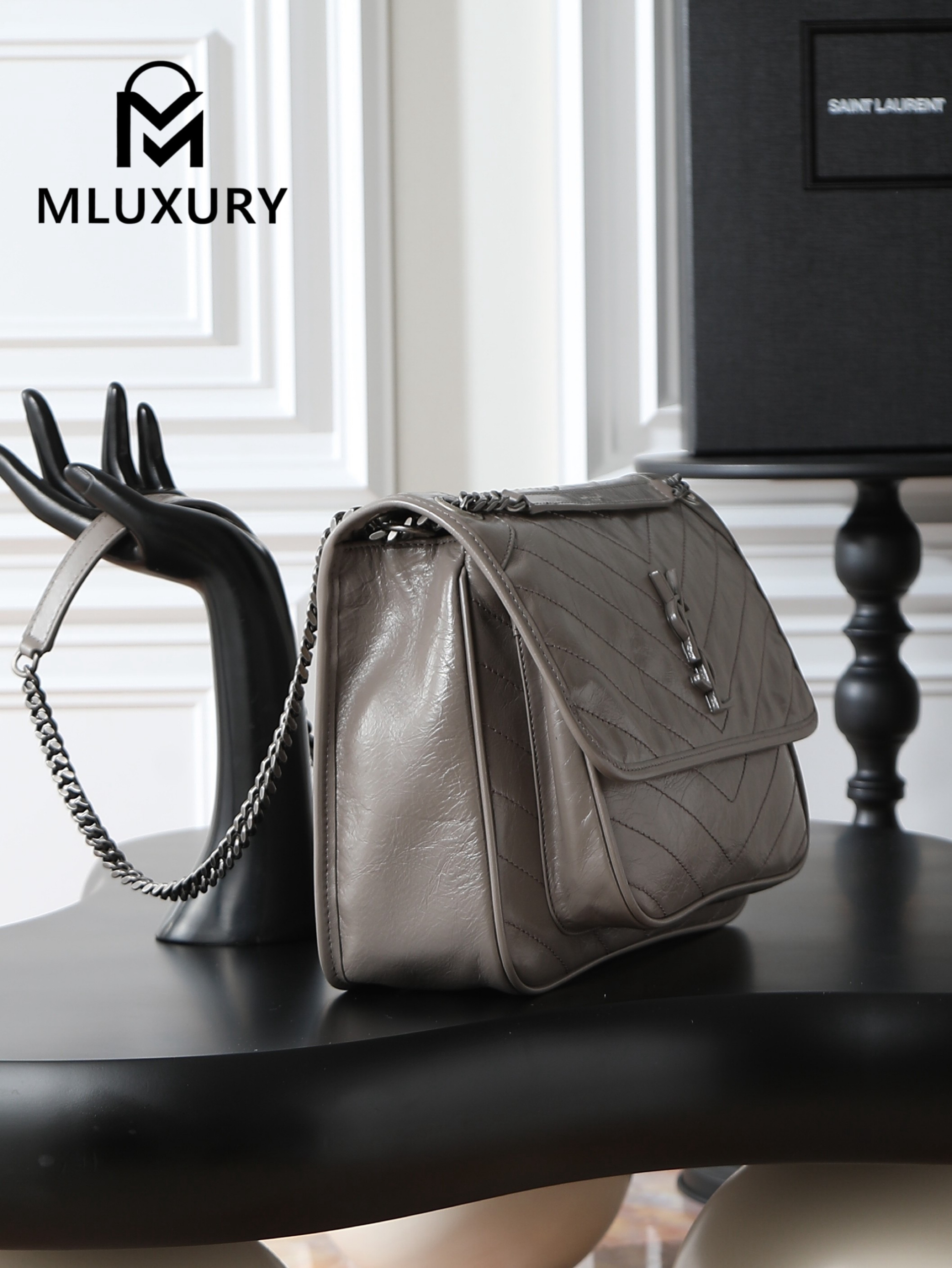 YSL Niki Dark Grey Oil-Waxed Leather · 28cm
