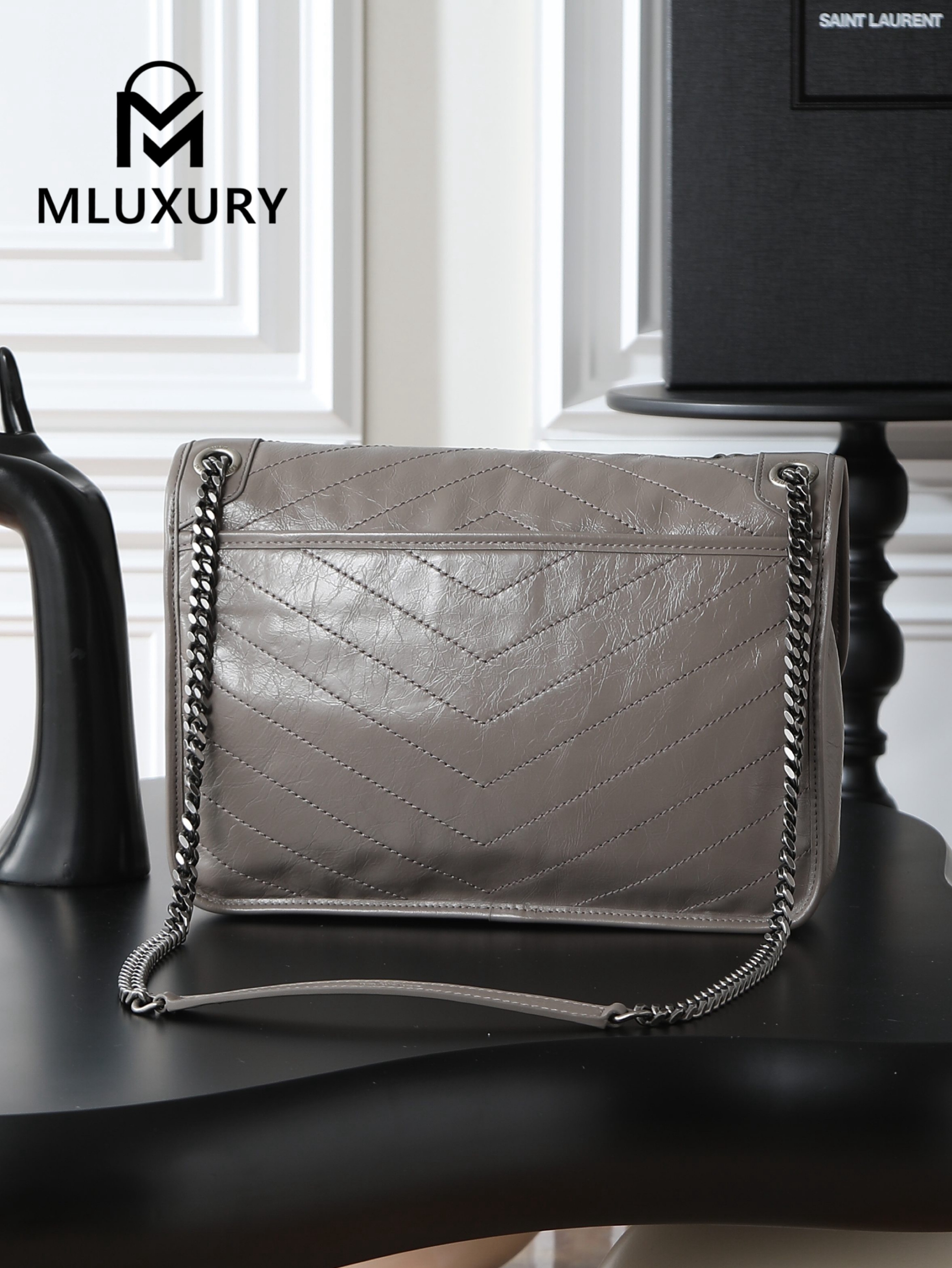 YSL Niki Dark Grey Oil-Waxed Leather · 28cm