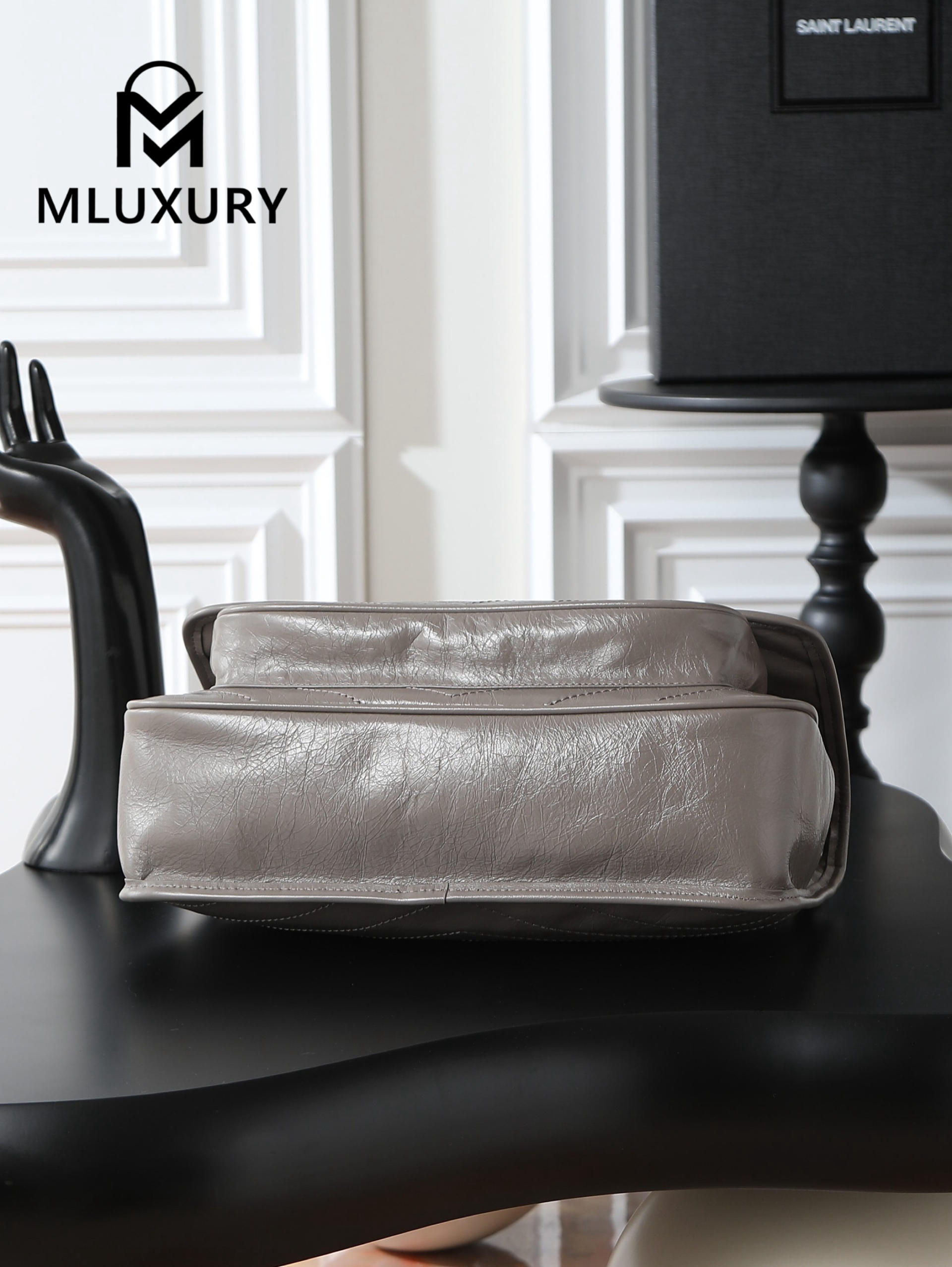 YSL Niki Dark Grey Oil-Waxed Leather · 28cm