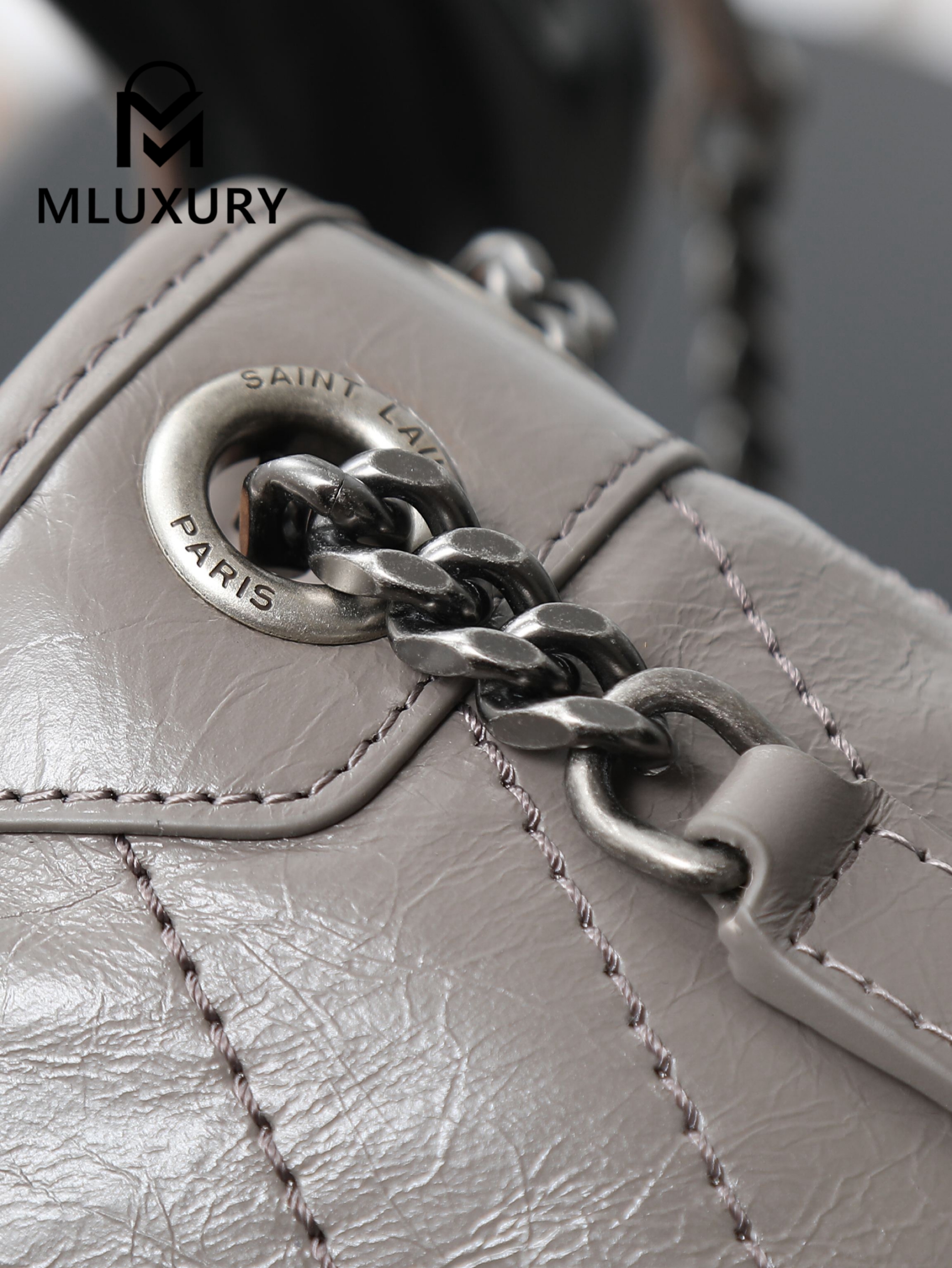 YSL Niki Dark Grey Oil-Waxed Leather · 28cm