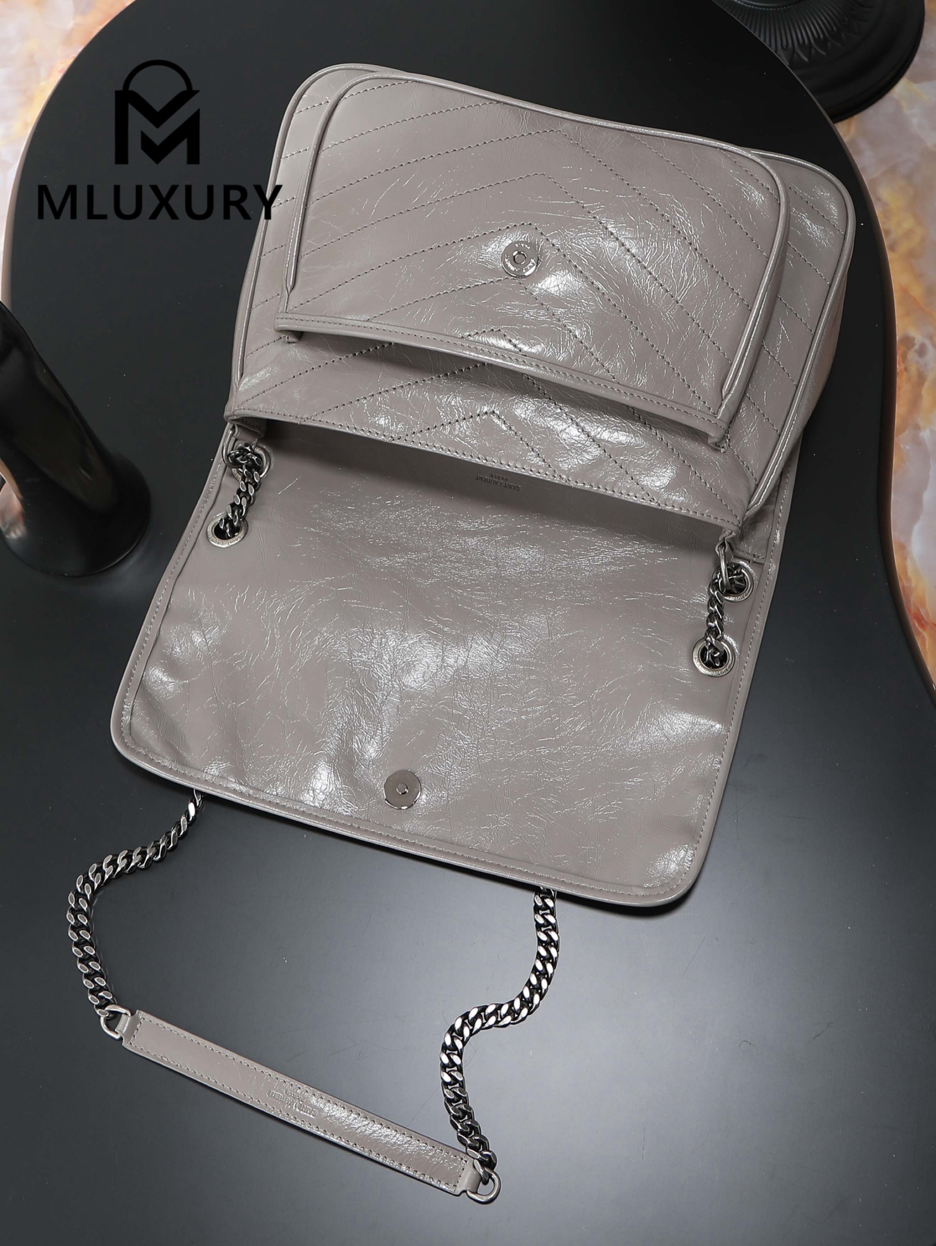 YSL Niki Dark Grey Oil-Waxed Leather · 28cm
