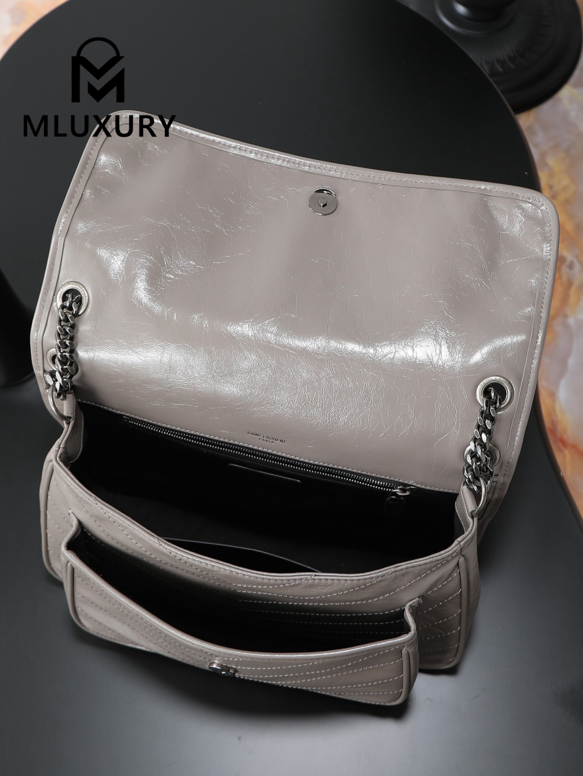 YSL Niki Dark Grey Oil-Waxed Leather · 28cm