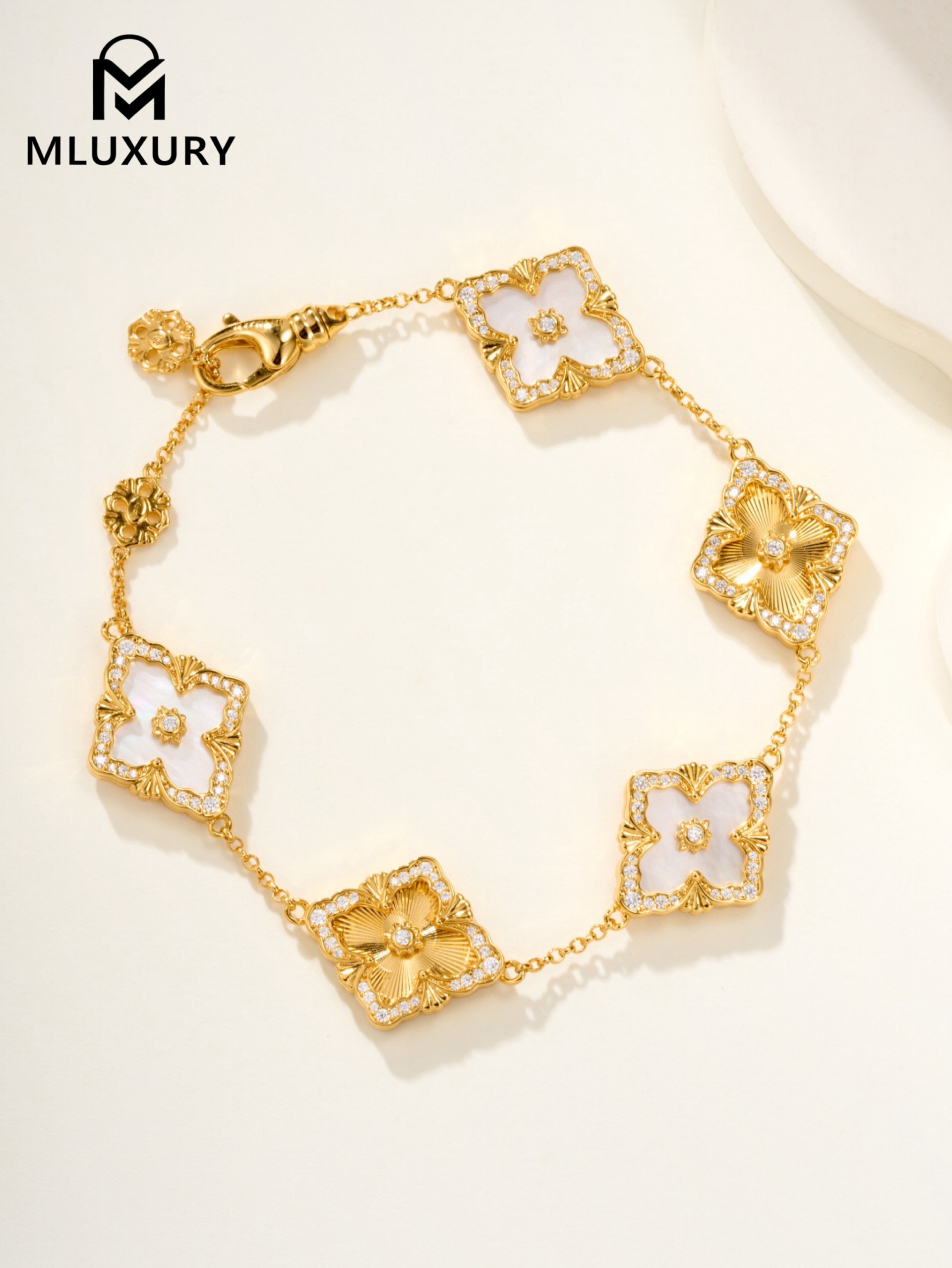 Buccellati White Mother-of-Pearl Laser-Embellished Floral Bracelet (Large Size)