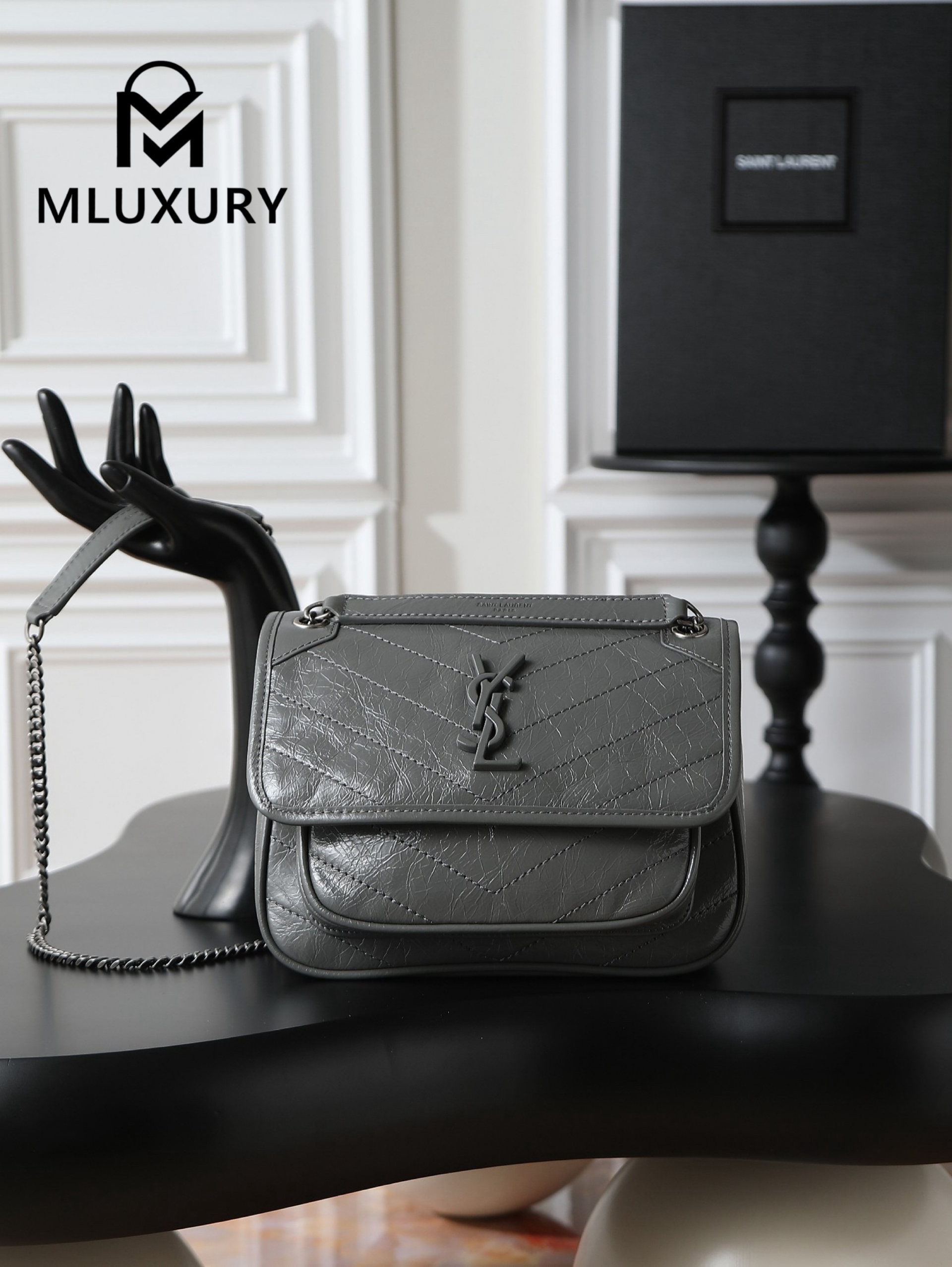 YSL Niki Dark Grey Oil-Wax Leather · 22cm