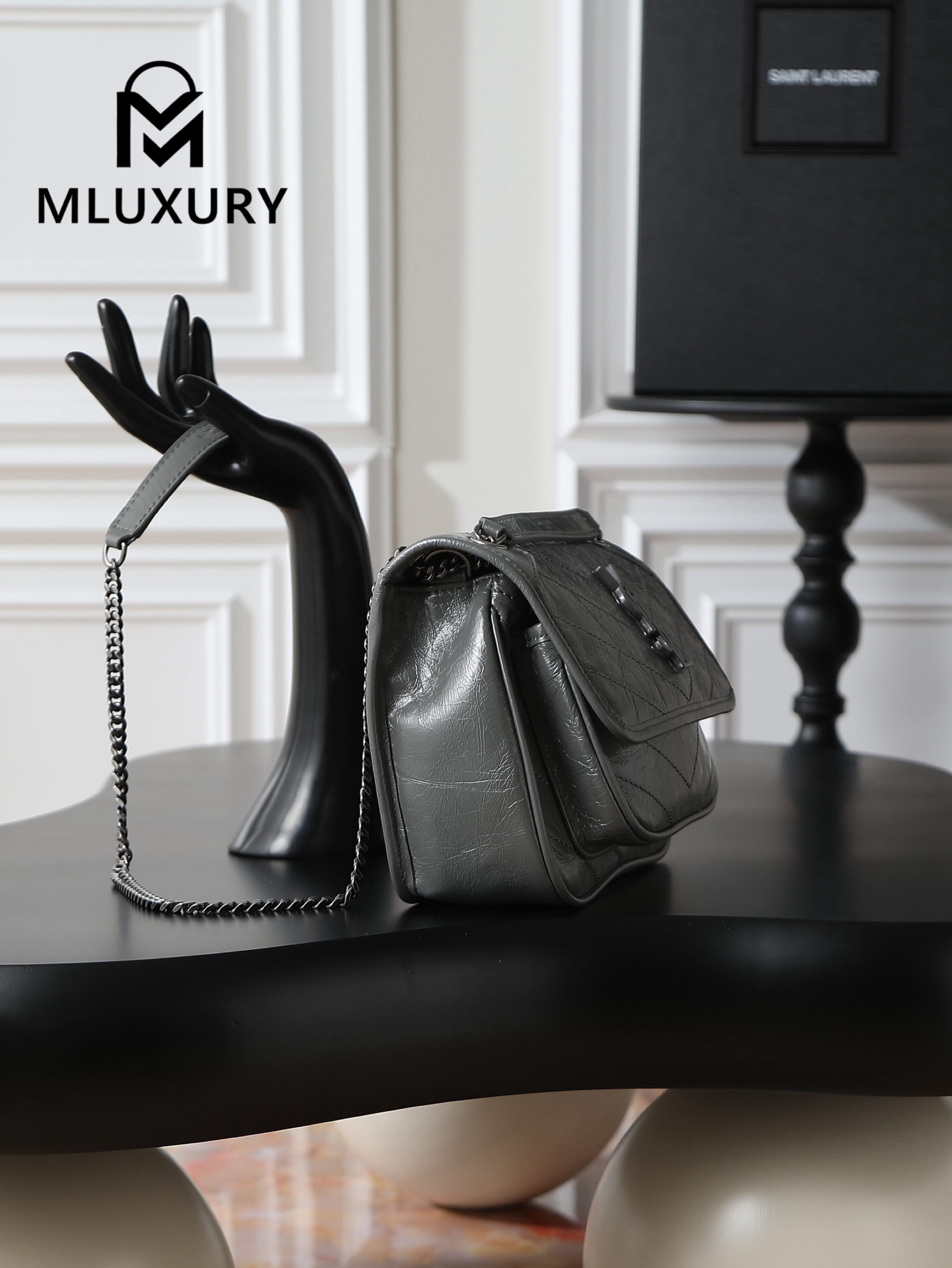 YSL Niki Dark Grey Oil-Wax Leather · 22cm