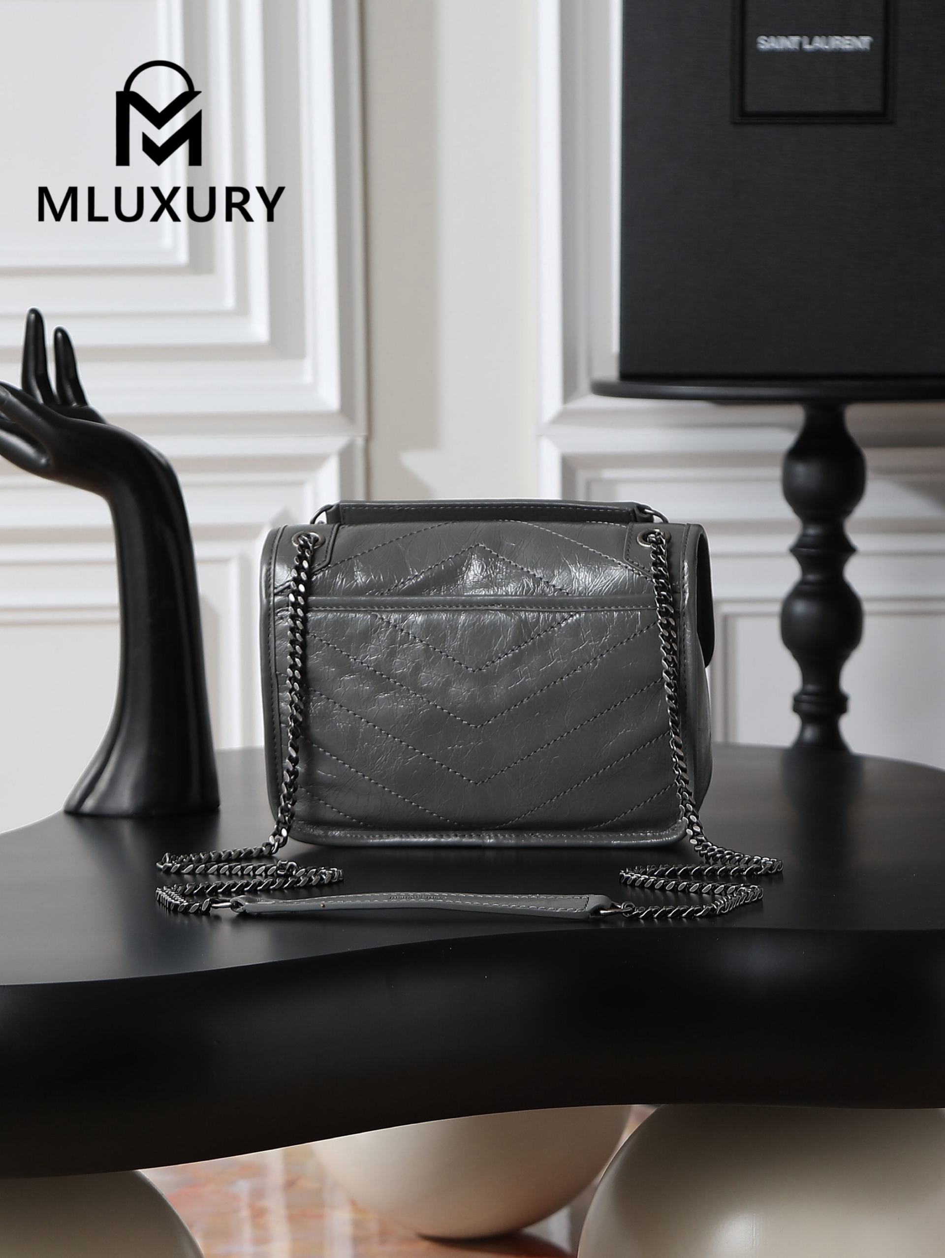 YSL Niki Dark Grey Oil-Wax Leather · 22cm