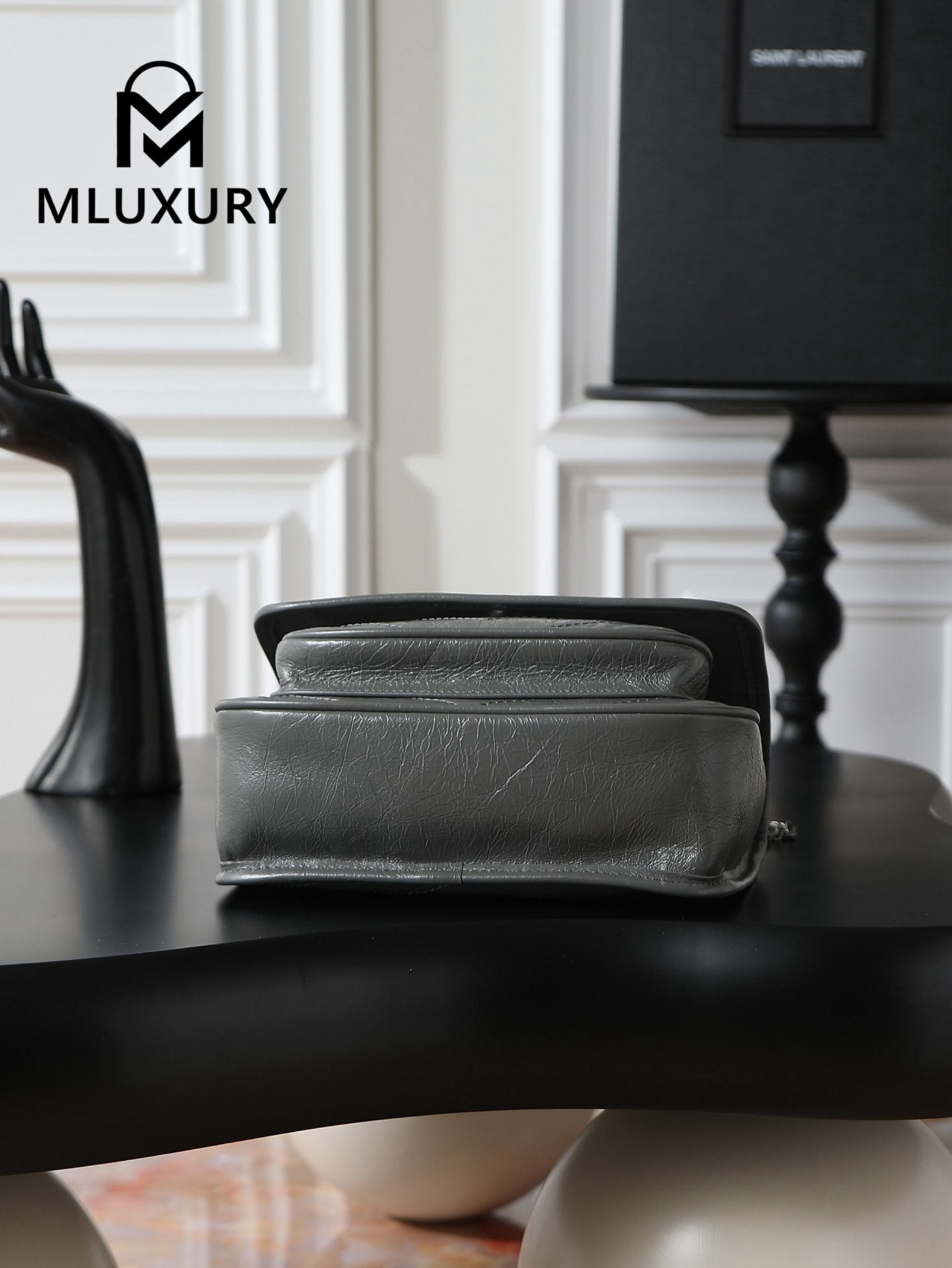 YSL Niki Dark Grey Oil-Wax Leather · 22cm
