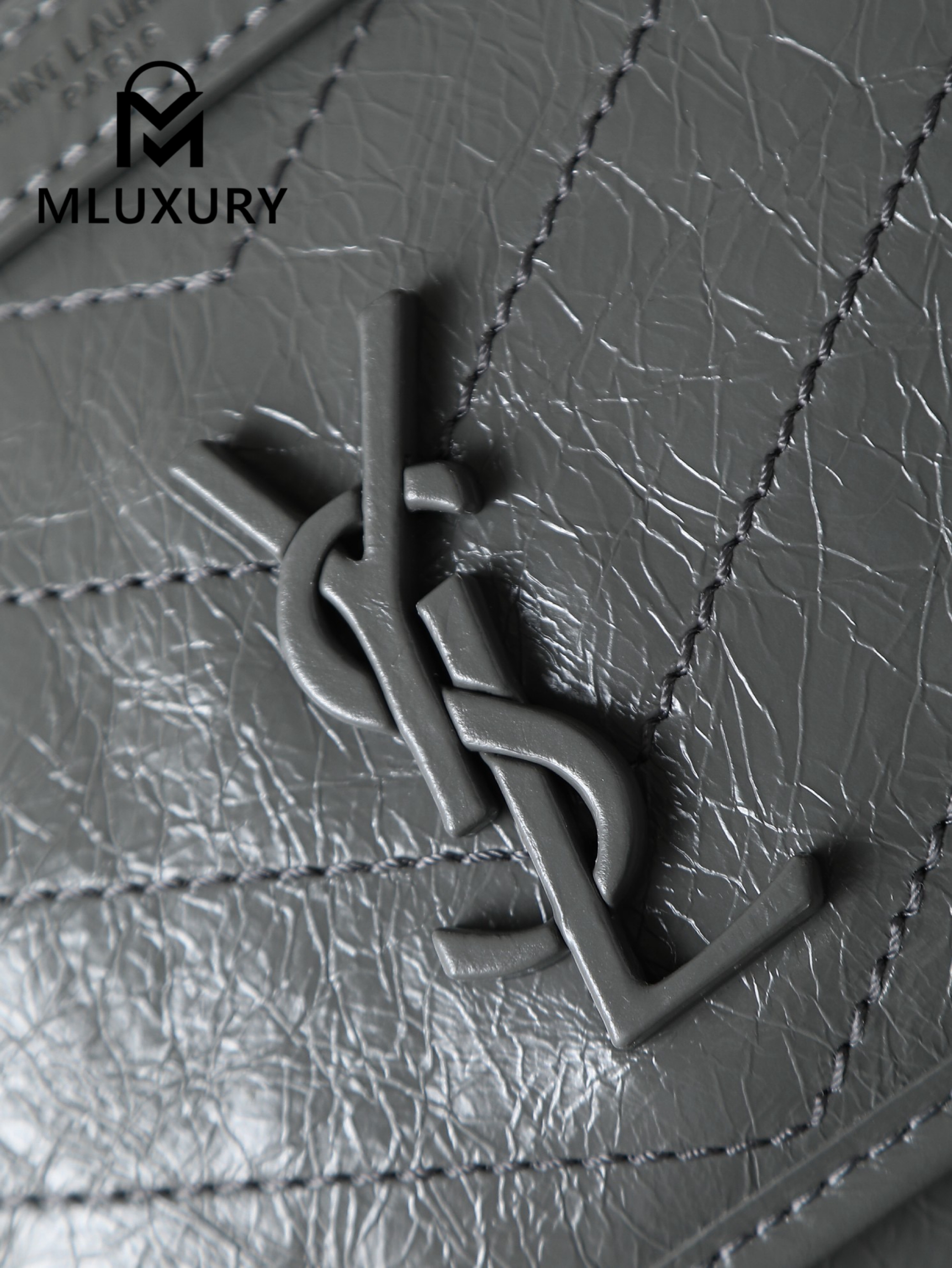 YSL Niki Dark Grey Oil-Wax Leather · 22cm