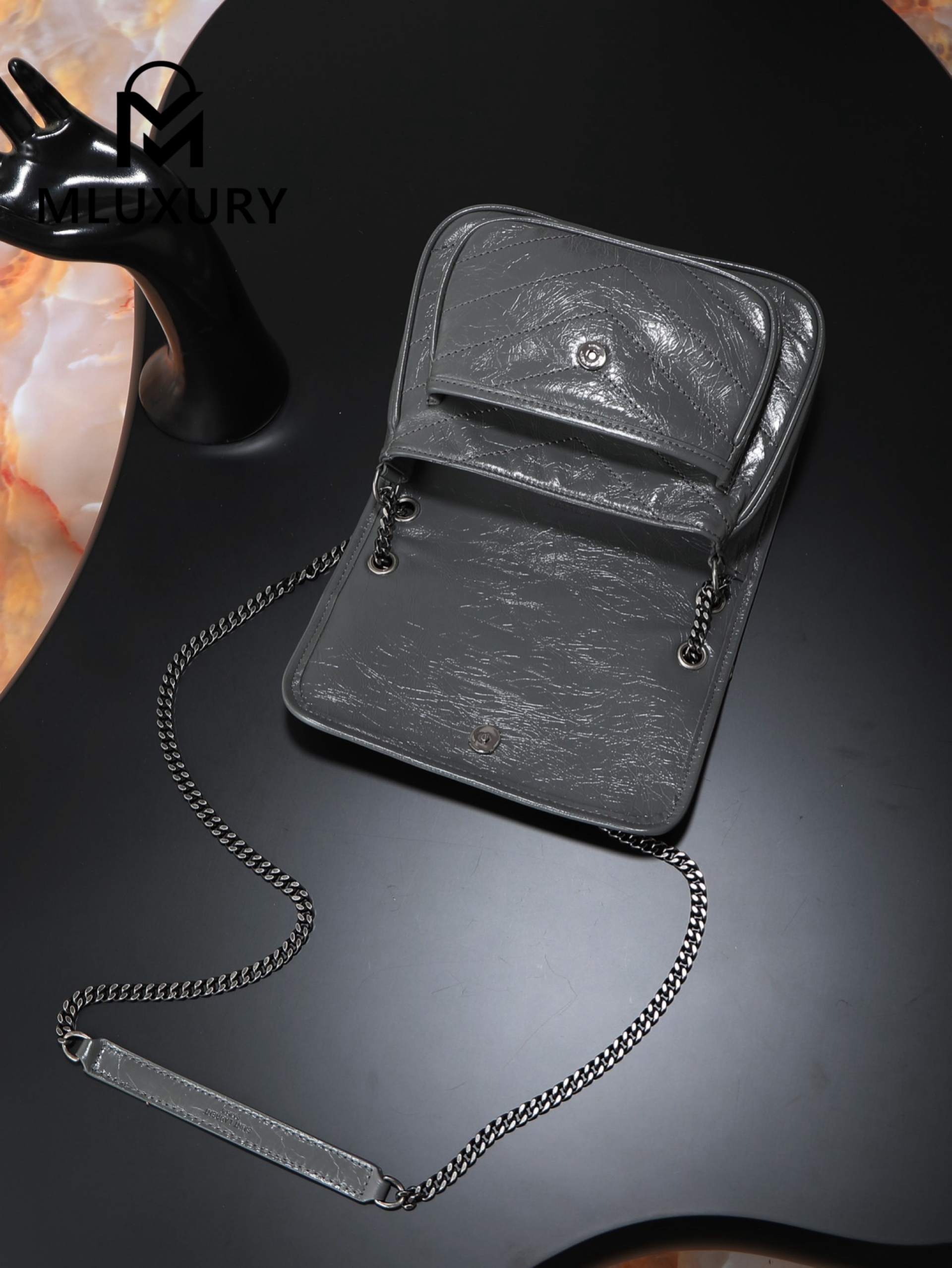 YSL Niki Dark Grey Oil-Wax Leather · 22cm