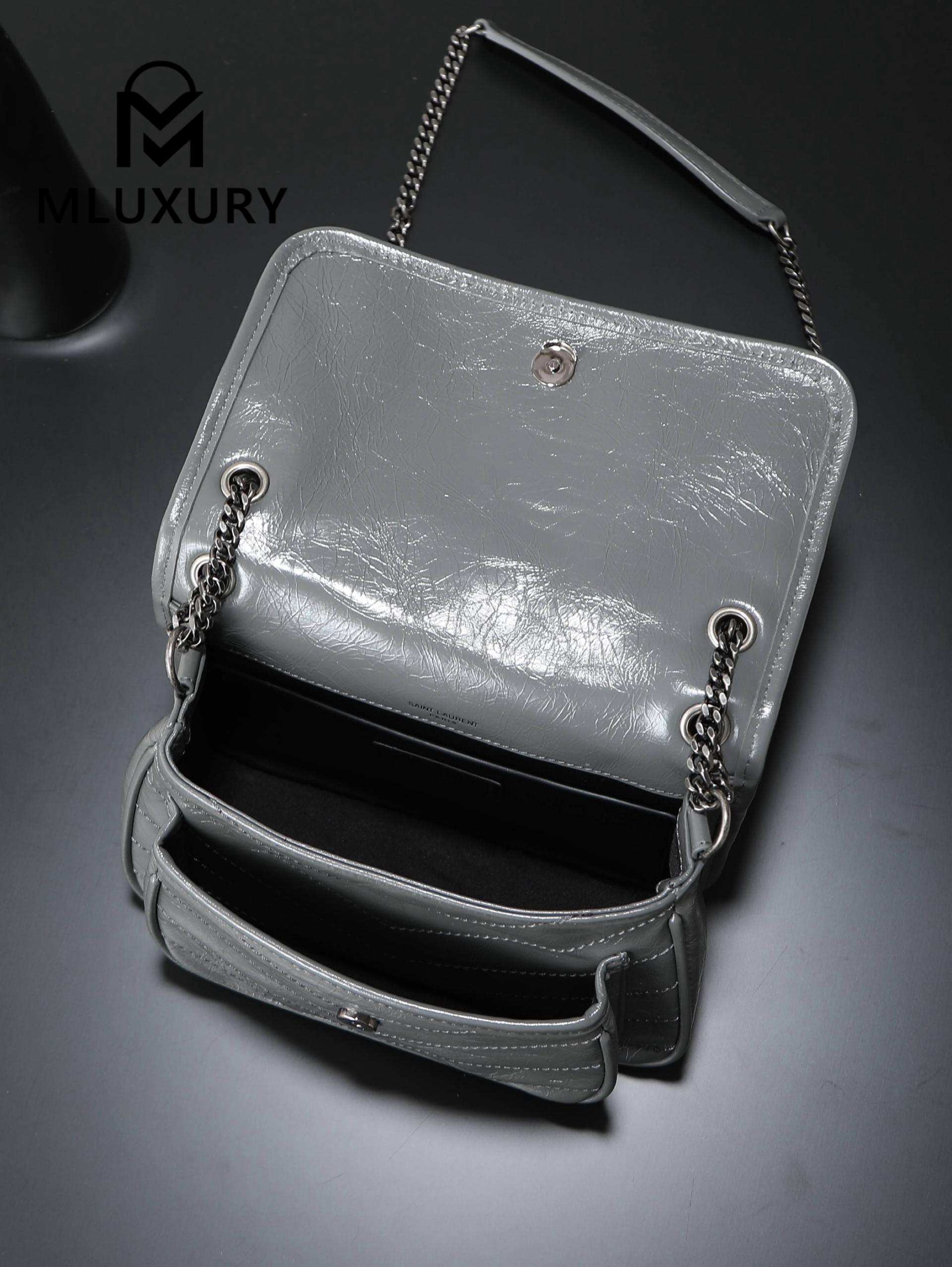 YSL Niki Dark Grey Oil-Wax Leather · 22cm