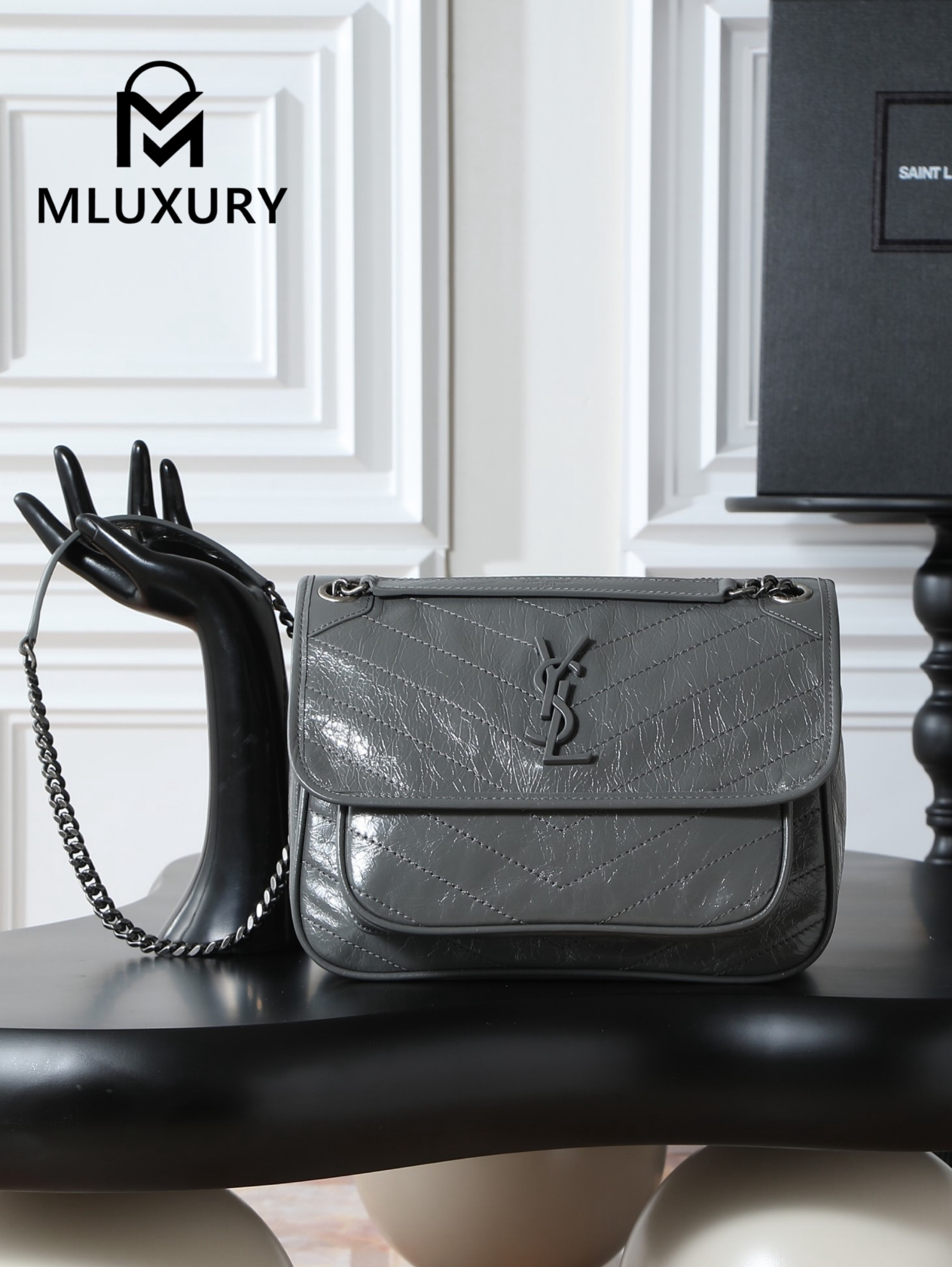 YSL Niki Dark Grey Oil-Wax Leather · 28cm