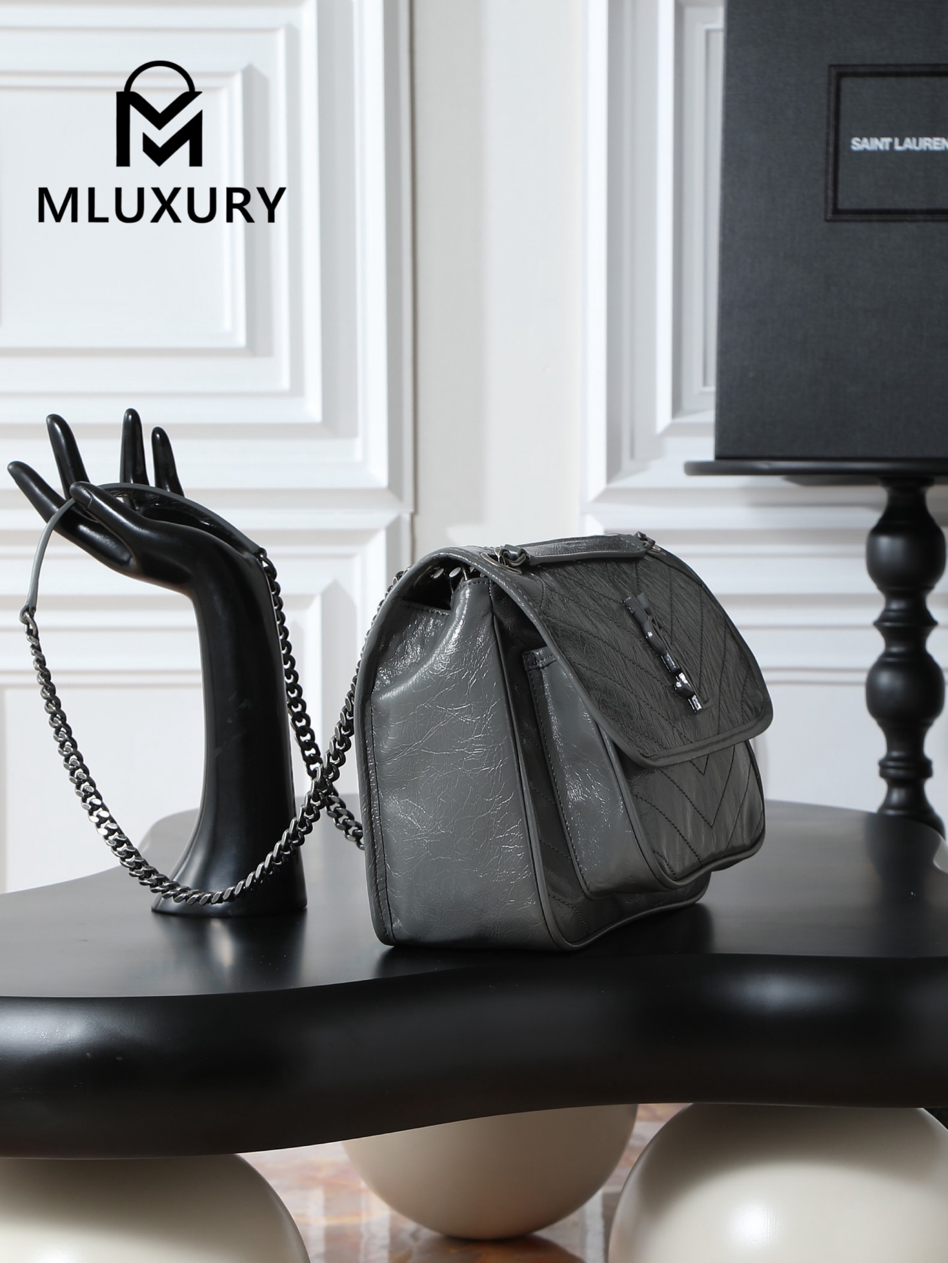 YSL Niki Dark Grey Oil-Wax Leather · 28cm