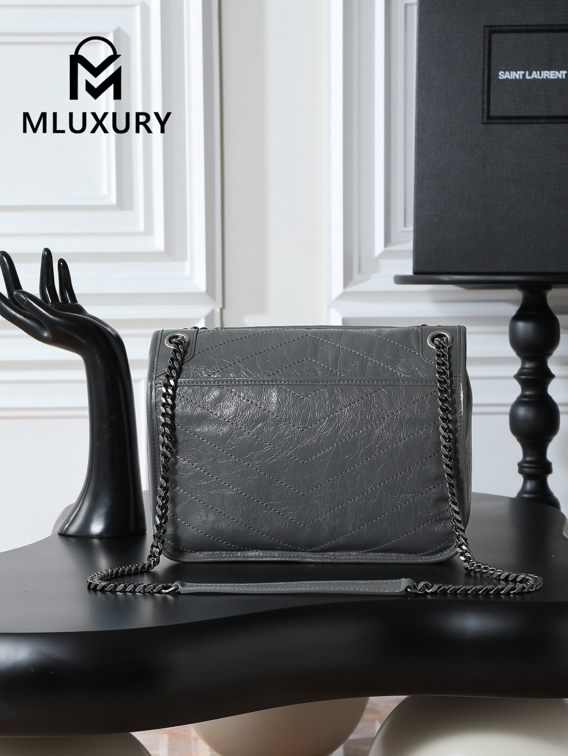 YSL Niki Dark Grey Oil-Wax Leather · 28cm