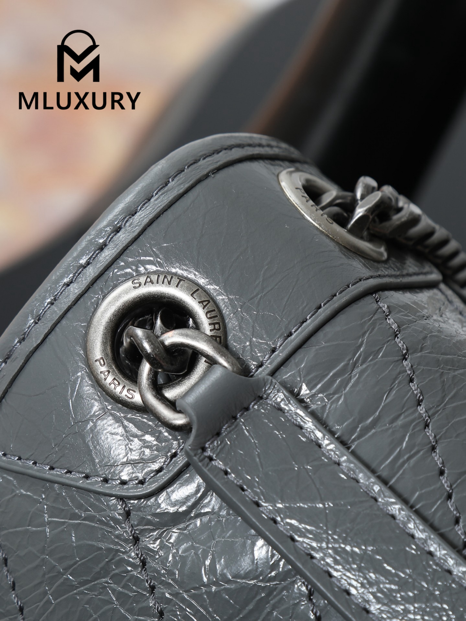YSL Niki Dark Grey Oil-Wax Leather · 28cm