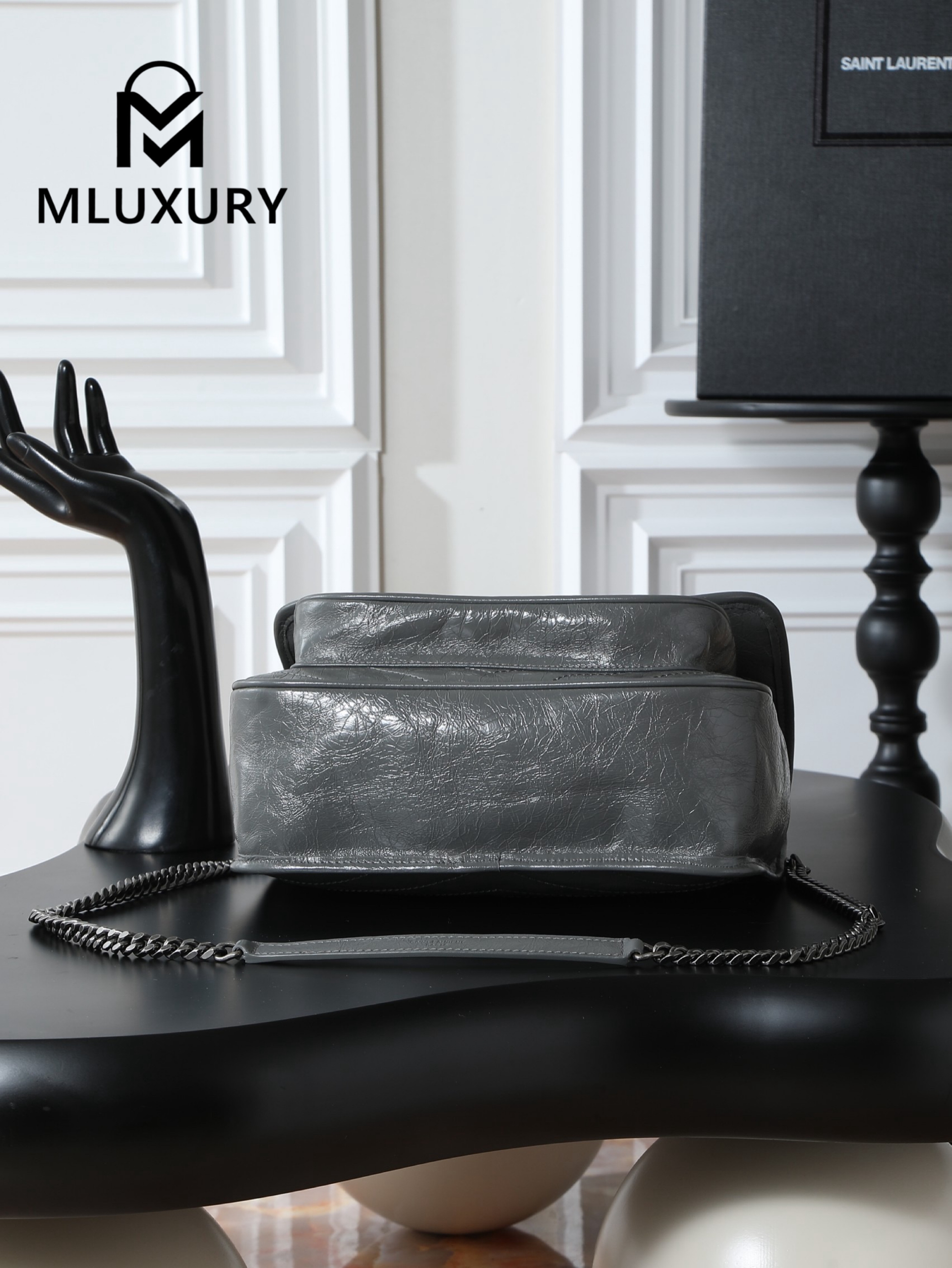 YSL Niki Dark Grey Oil-Wax Leather · 28cm
